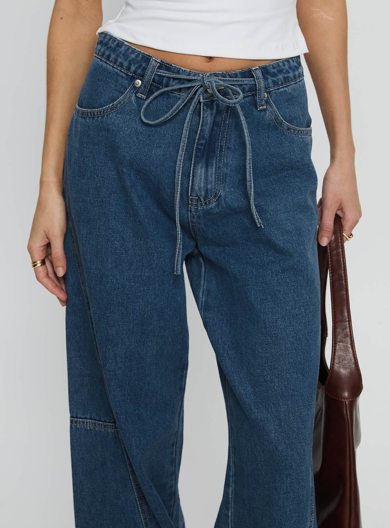 Bruiser Tie Waist Mid Rise Wide Leg Jeans Mid Blue Wash