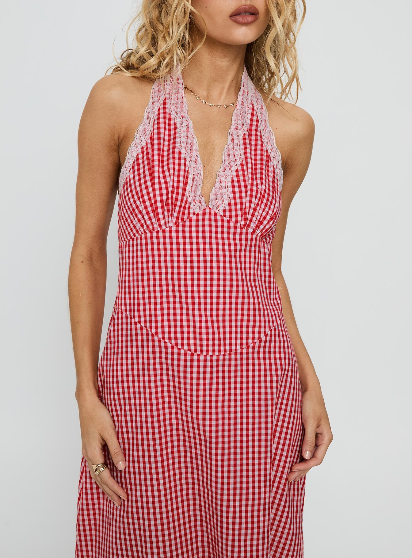 Betsie Halter Lace Maxi Dress Red Gingham