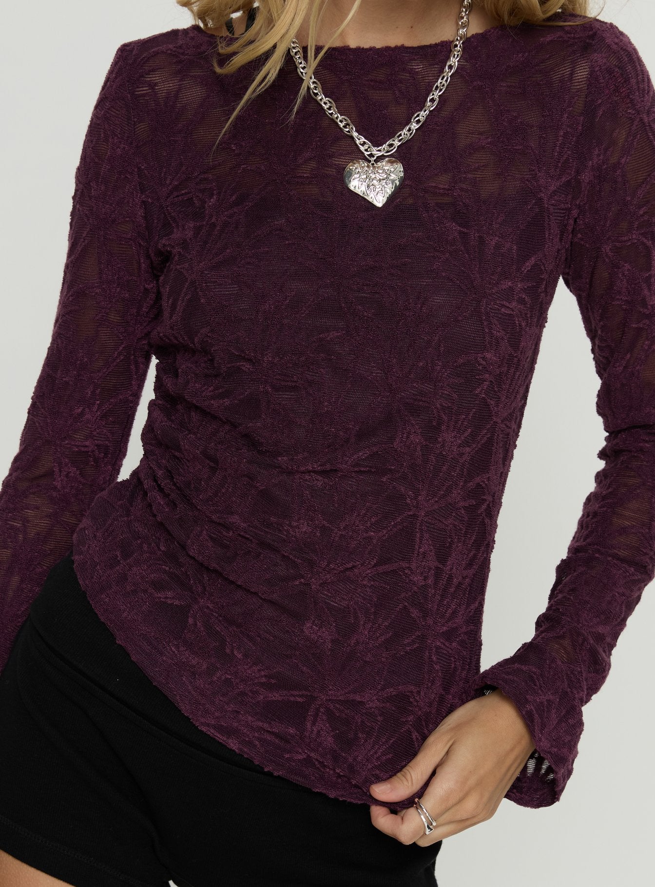 Branna Ruched Lace Long Sleeve Top Plum
