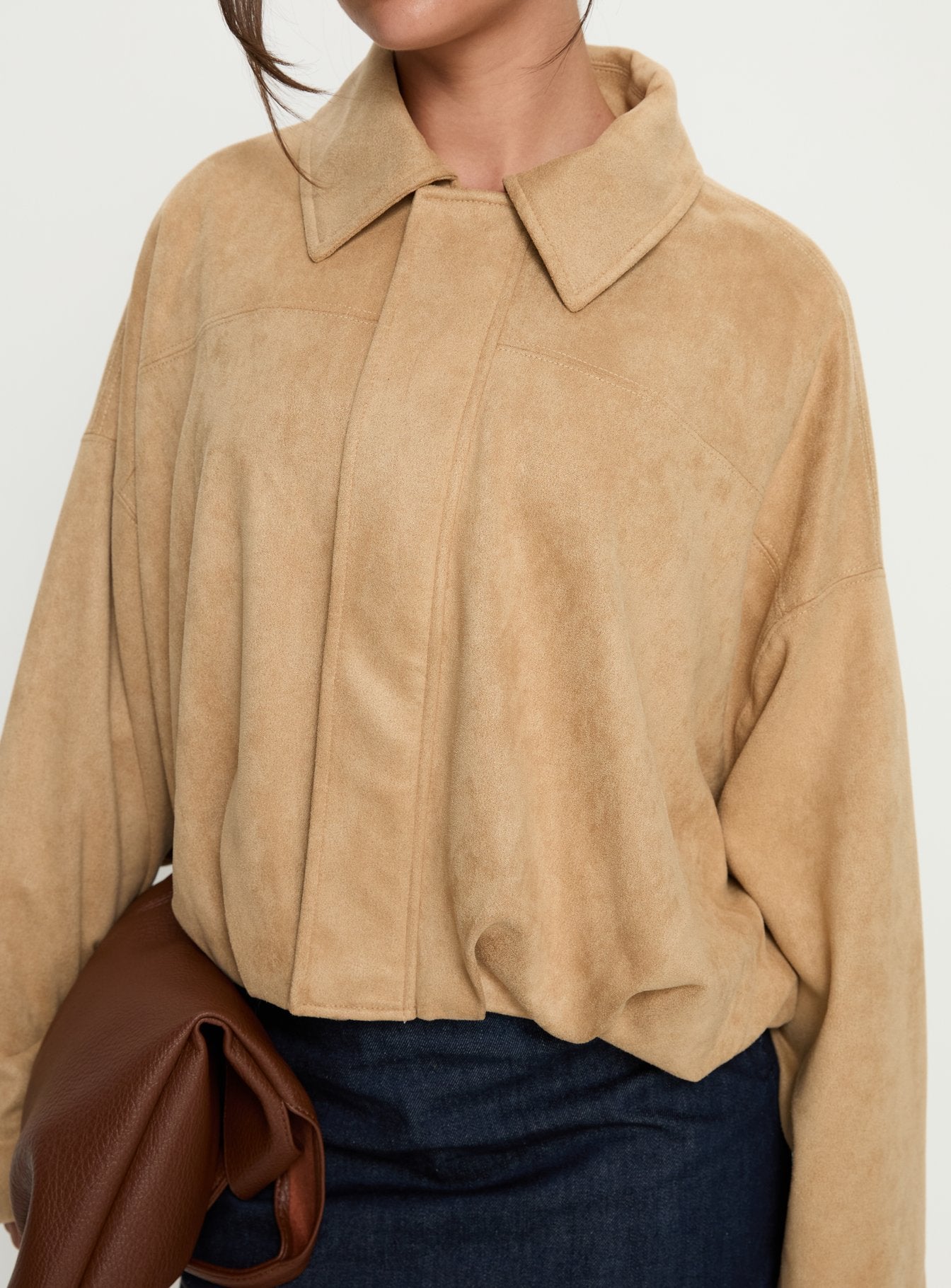 Enlightened Faux Suede Bomber Jacket Beige