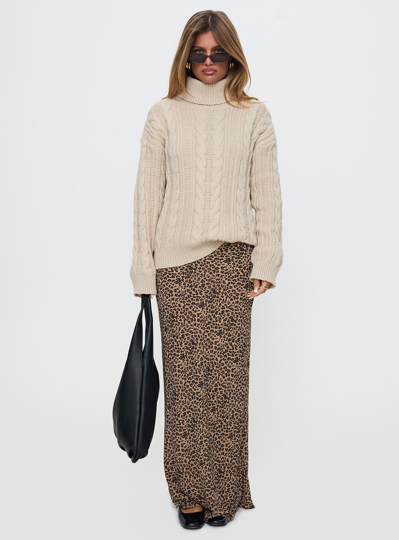 Bryden Turtleneck Cable Knit Sweater Beige