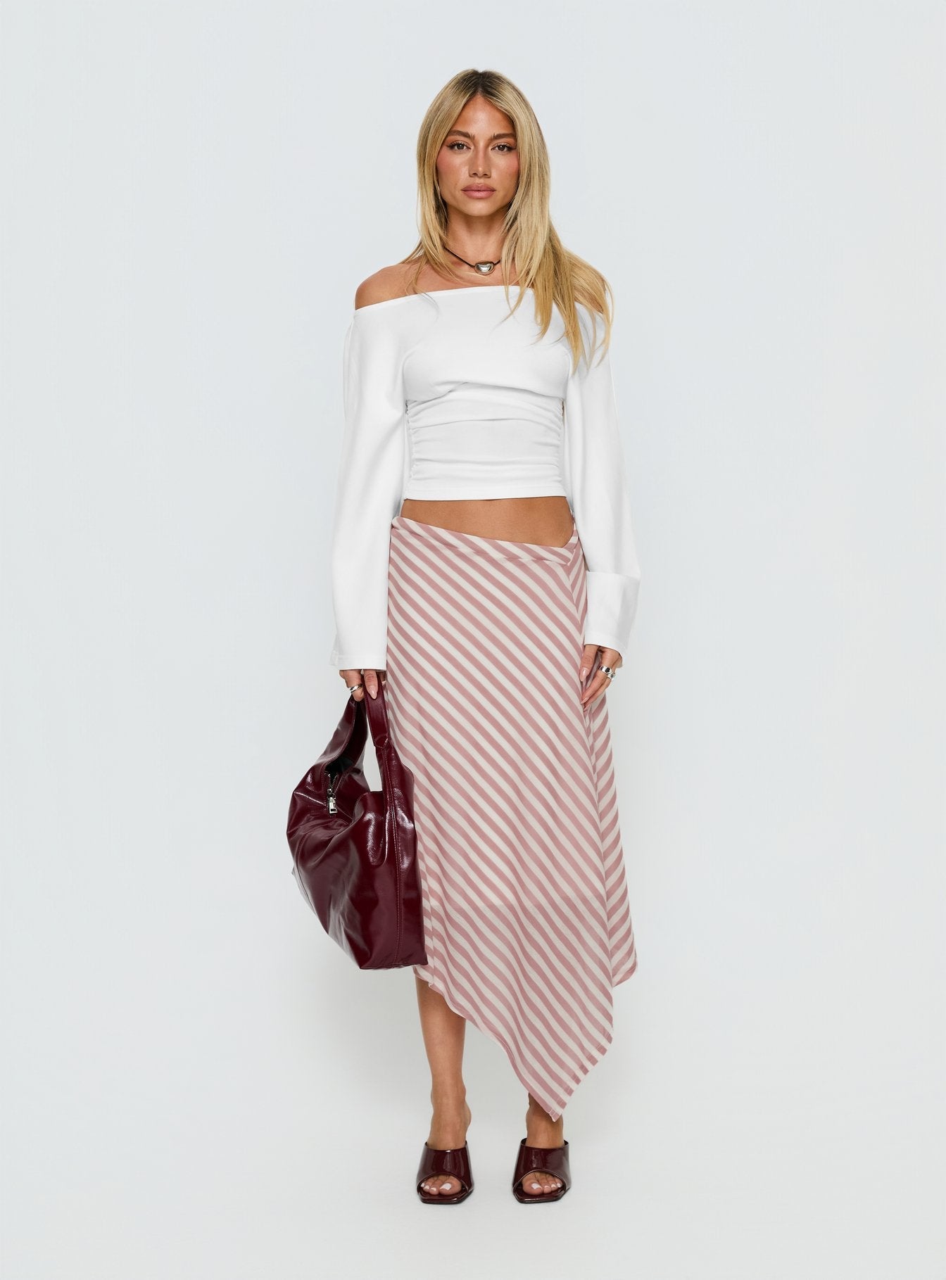 Gwenora Asymmetrical Midi Skirt Pink Stripe