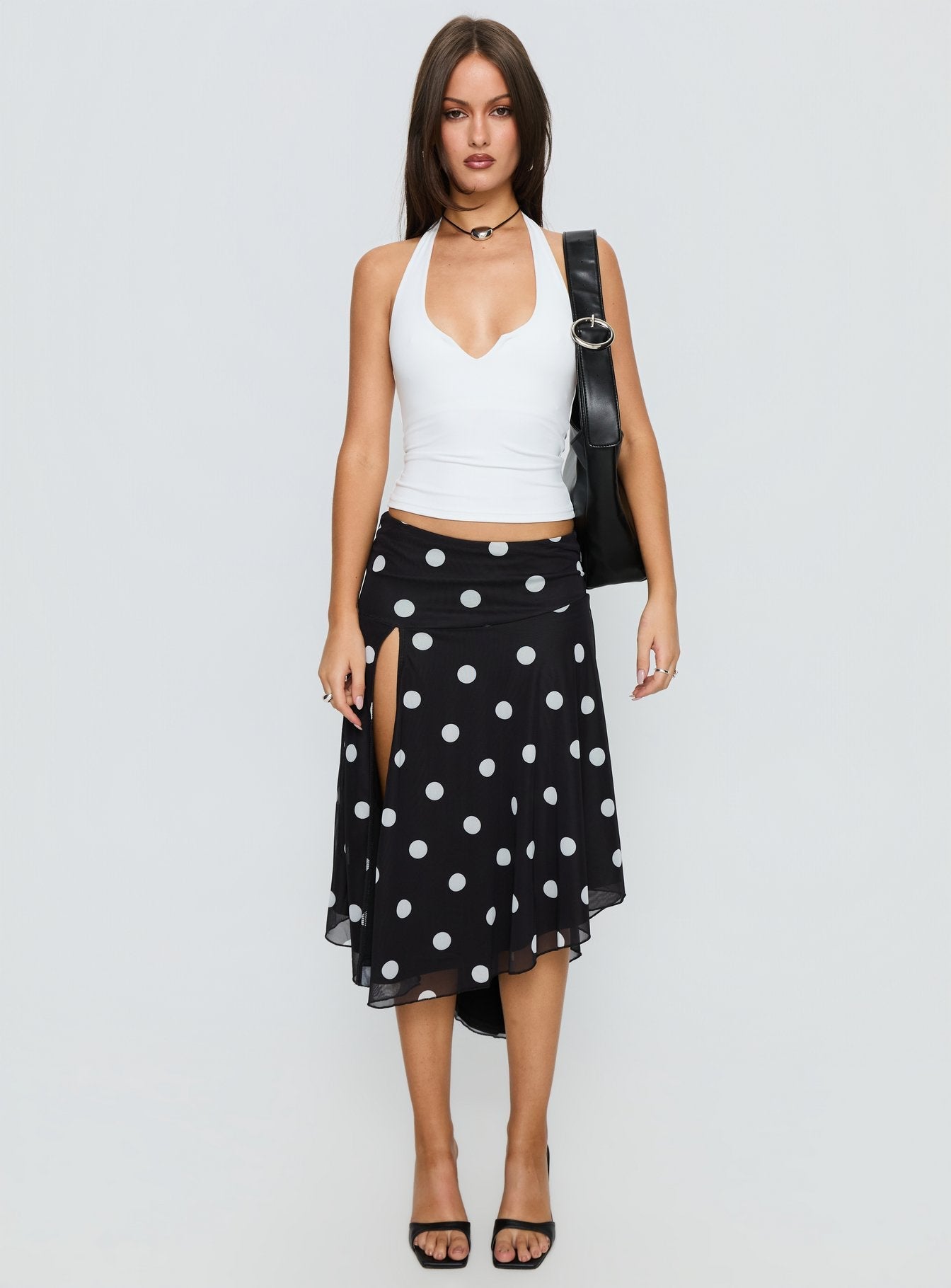 Dulciana High Split Asymmetrical Midi Skirt Black / Polka Dot