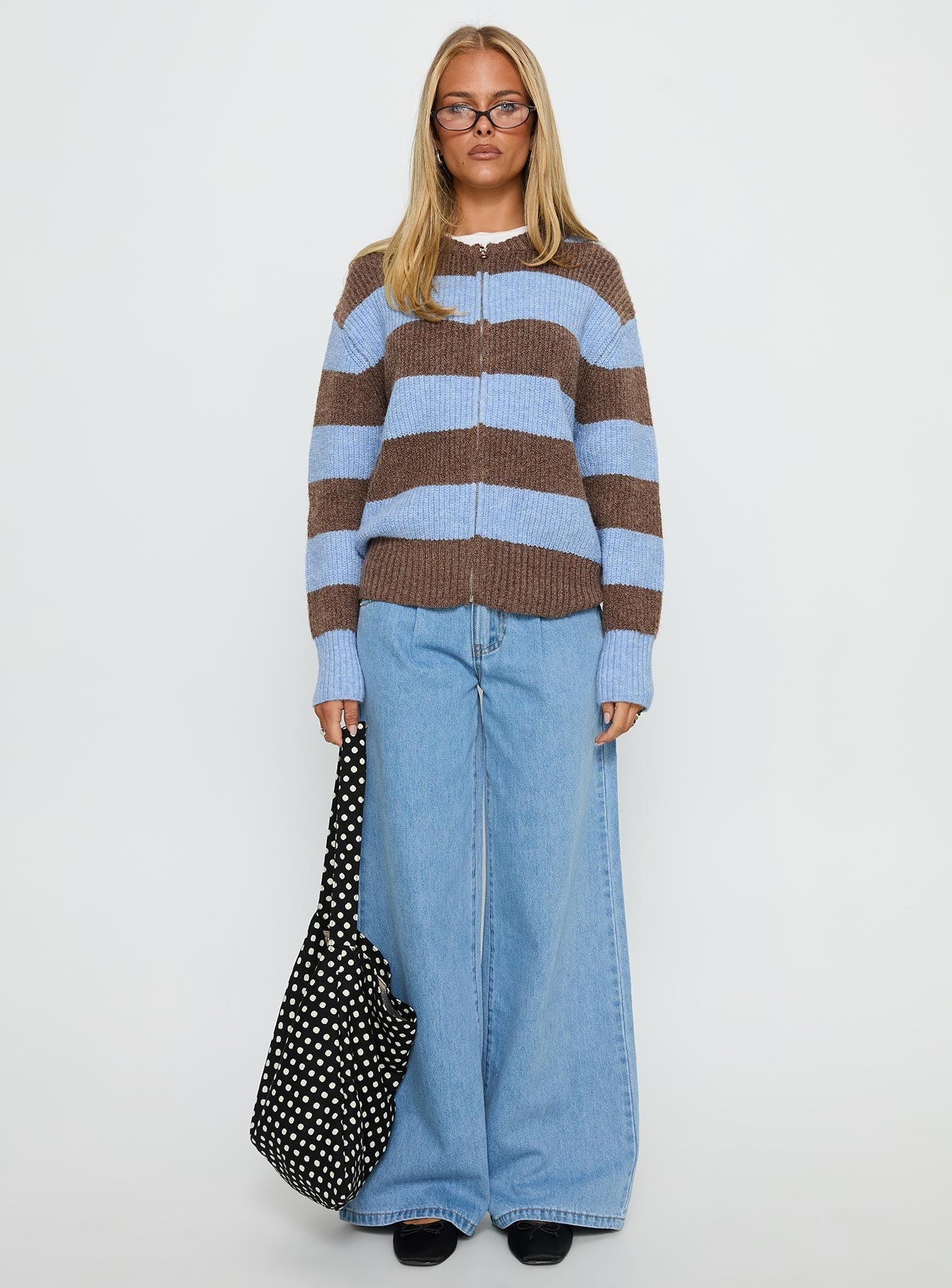 Queena Zip Through Knit Sweater Blue Stripe