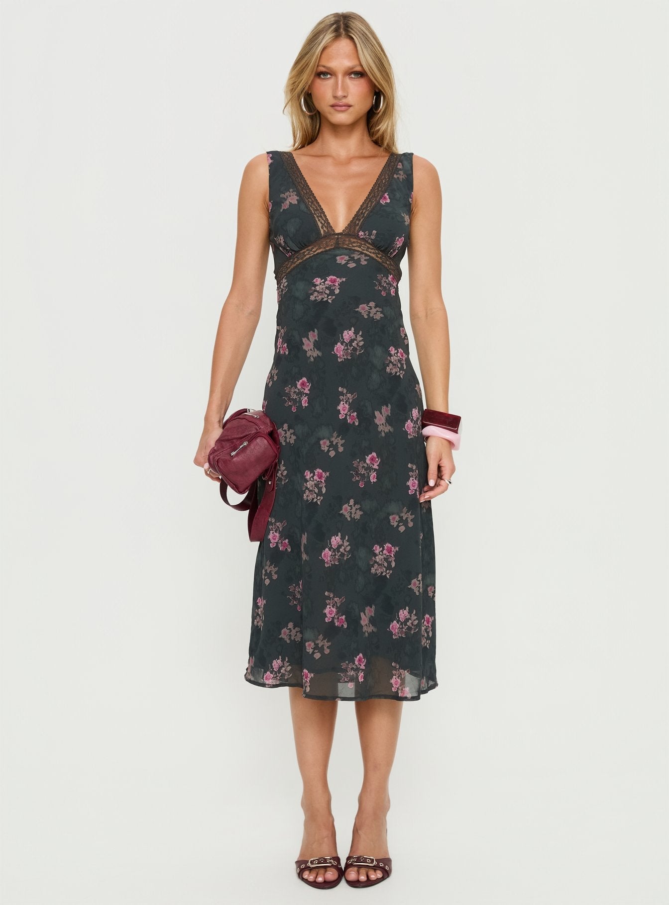 Kenadi Lace Bias Midi Dress Black Floral