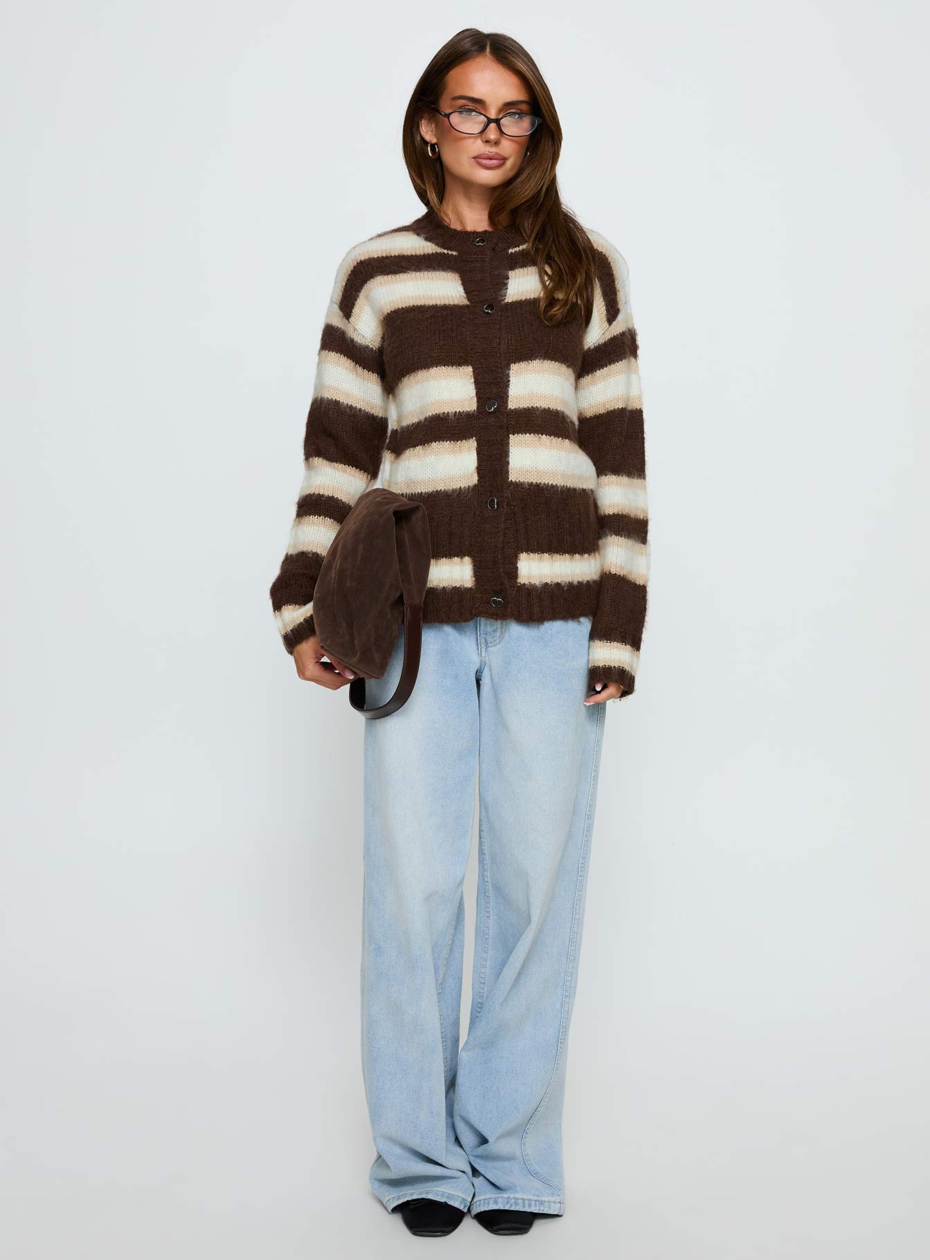 Cultivated Fluffy Knit Cardigan Brown Stripe