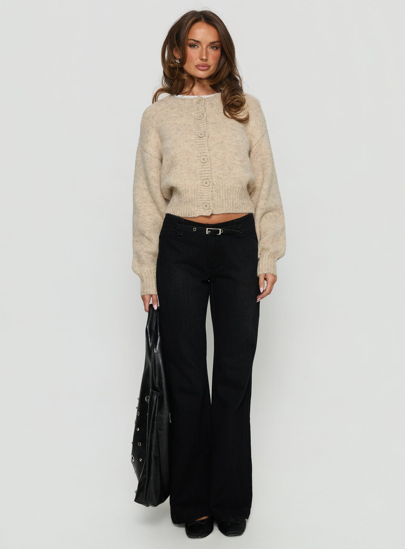 Slow Ride Mid Rise Bootleg Belted Jeans Washed Black