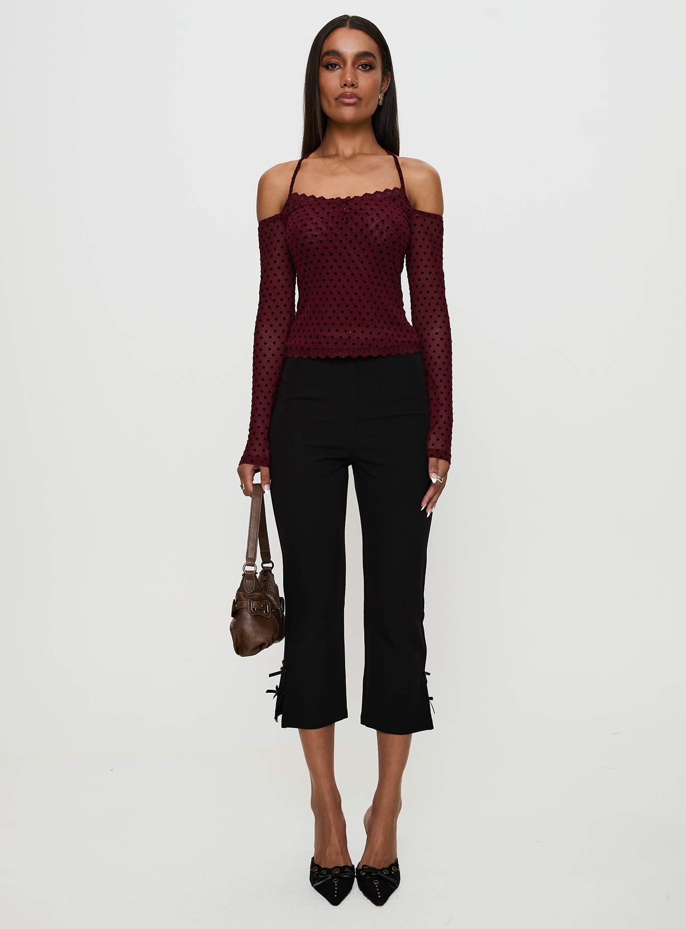On My Side Off Shoulder Tie Neck Top Burgundy