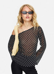 Shiona Sheer One Shoulder Long Sleeve Top Black Polka