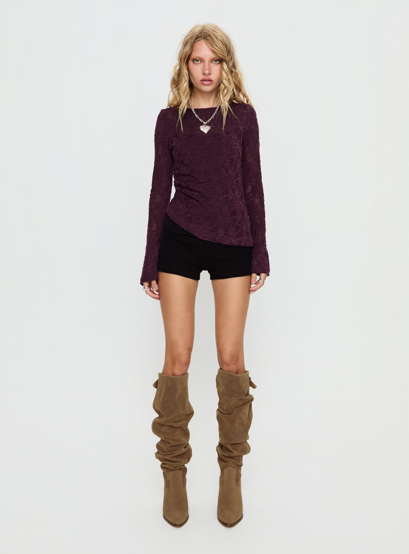 Branna Ruched Lace Long Sleeve Top Plum