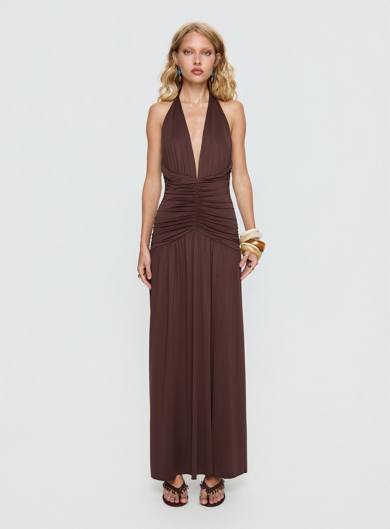 Diona Halter Ruched Maxi Dress Brown