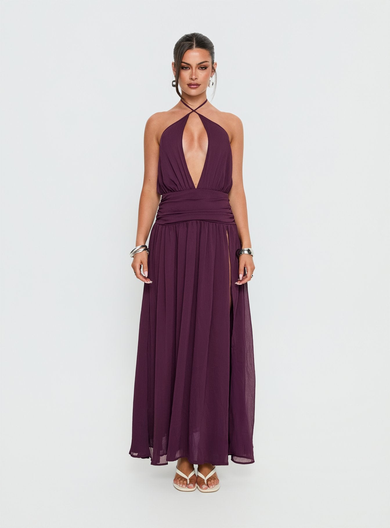 Catherina Blouson Halter Maxi Dress Deep Purple