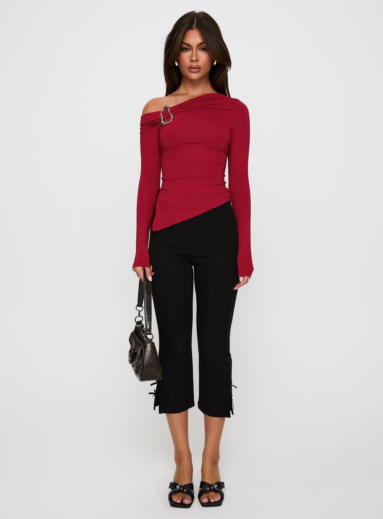 Donalla Off The Shoulder Hardware Detail Top Red