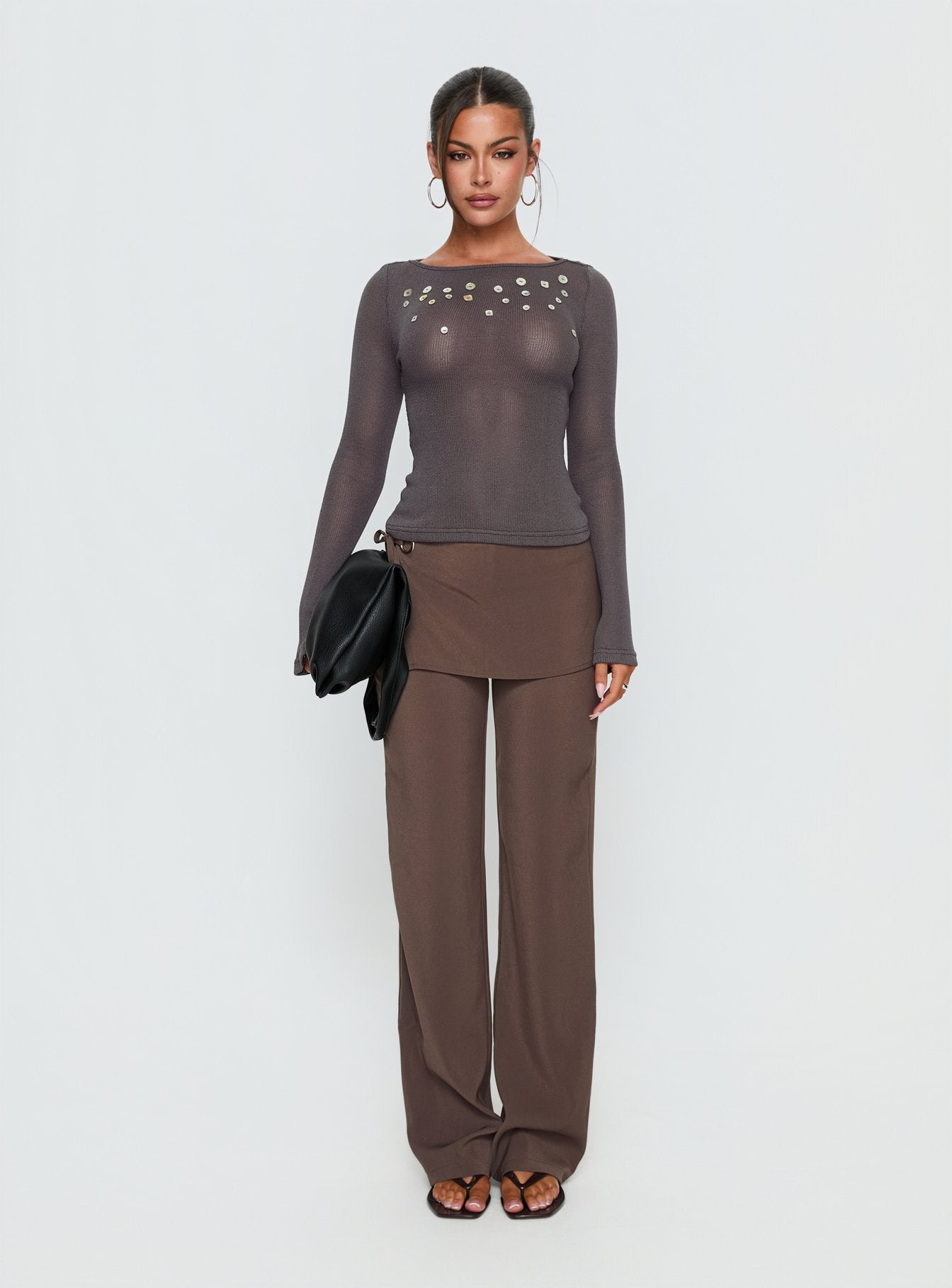 Andia Long Sleeve Sheer Embellished Top Grey