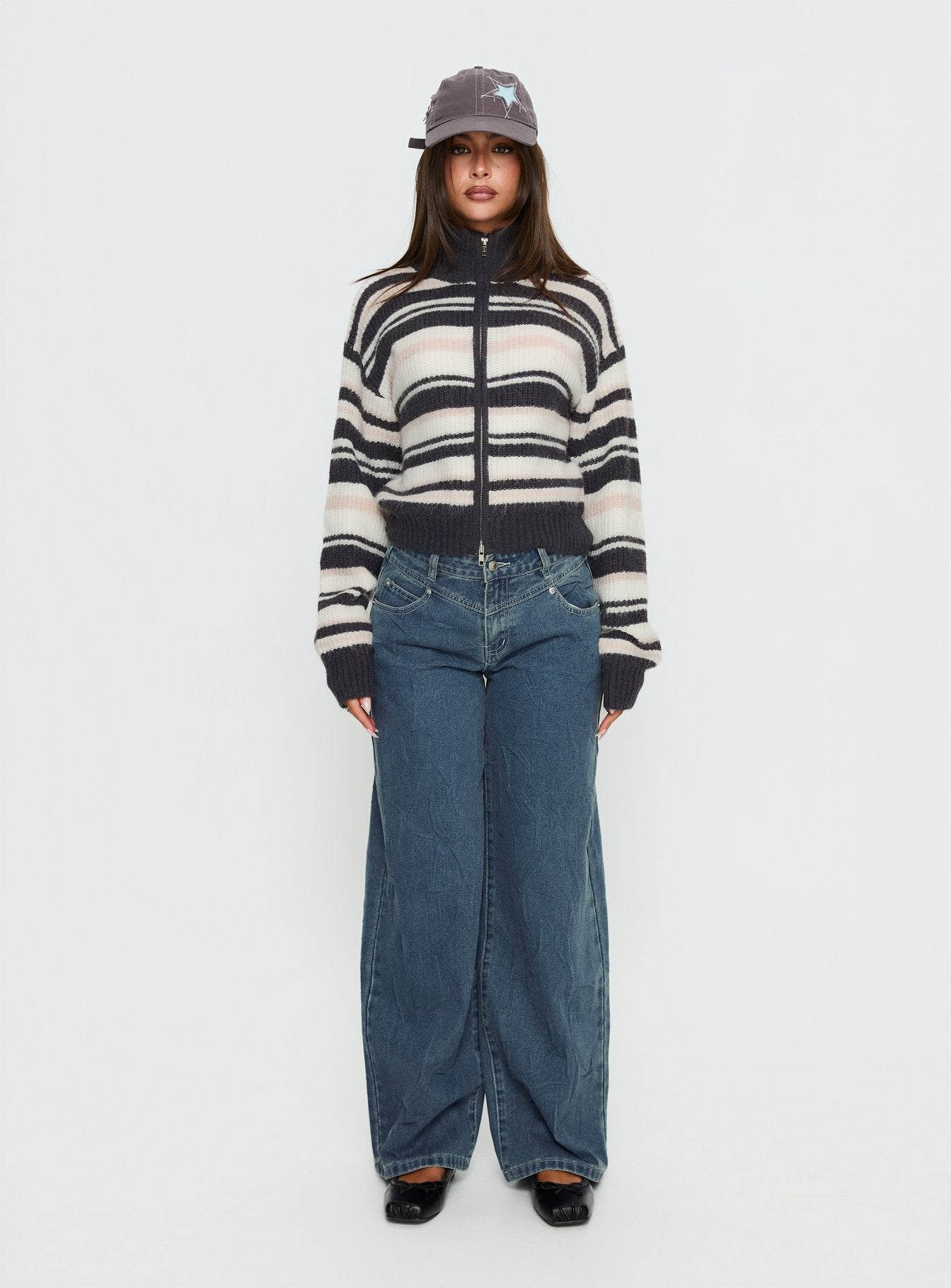 Tetra Zip Through Knit Sweater Pink Stripe