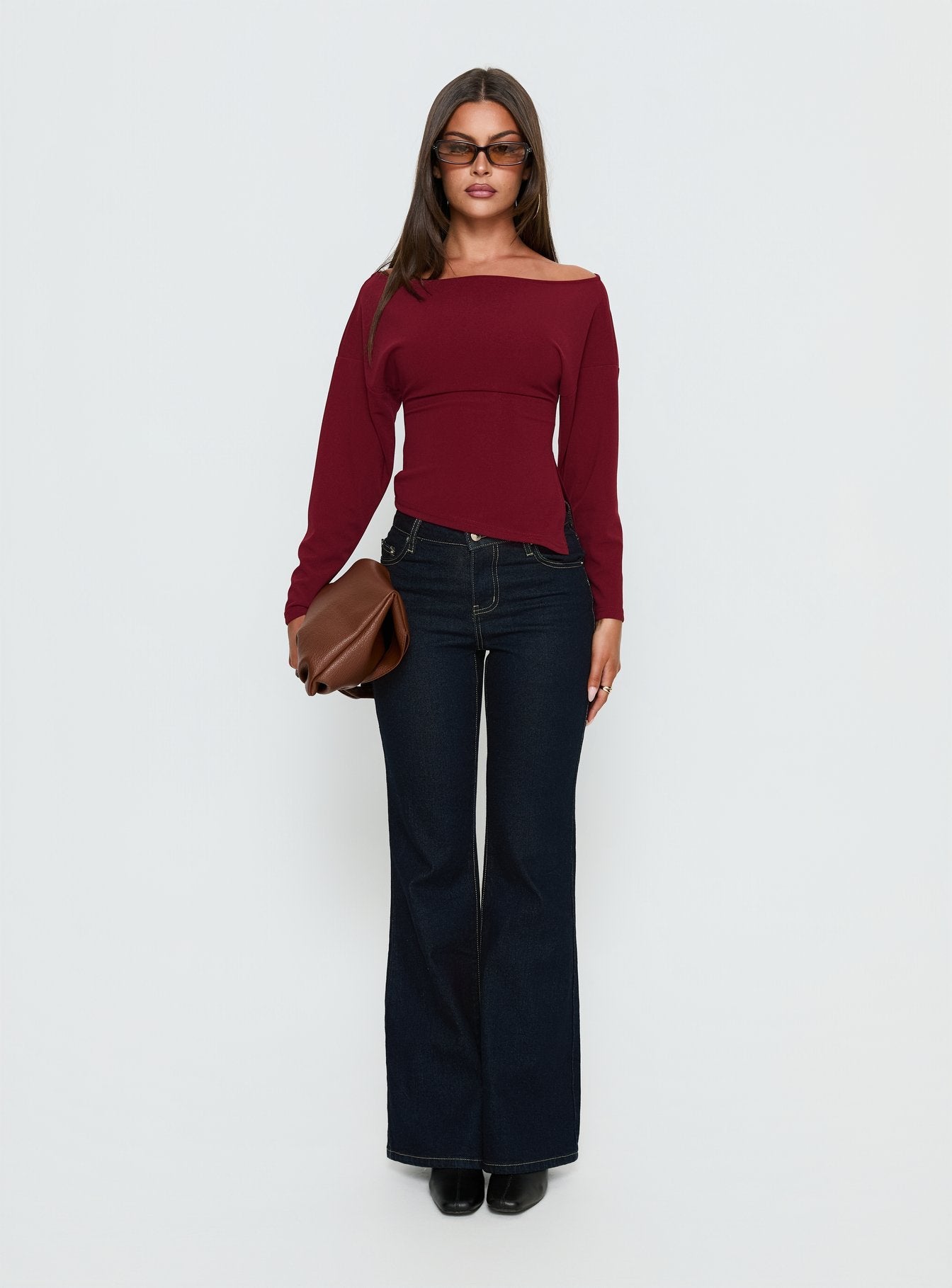 Cieara Off Shoulder Long Sleeve Top Burgundy