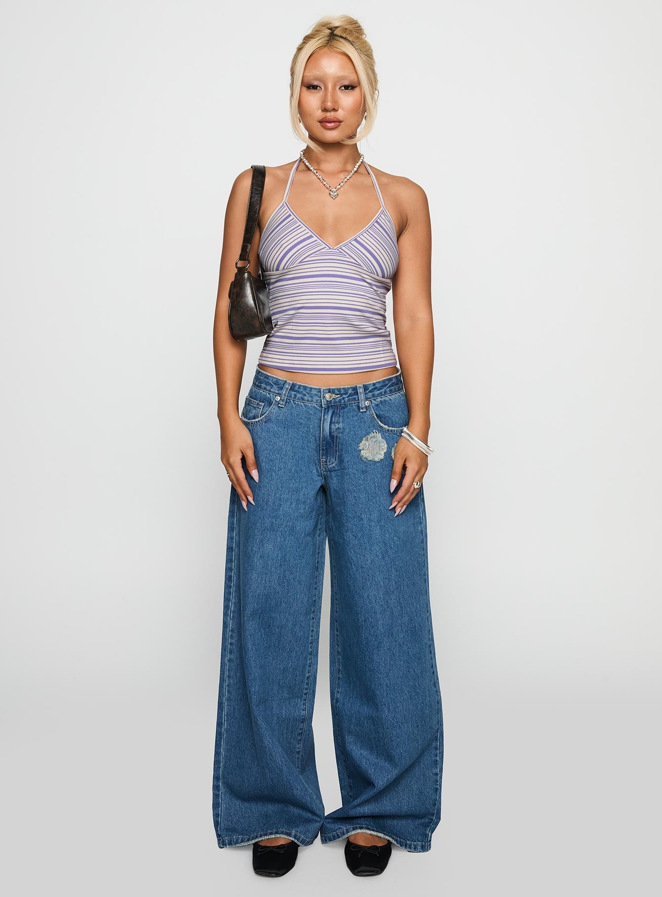 A Keeper Flower Patch Low Rise Wide Leg Jeans Mid Blue