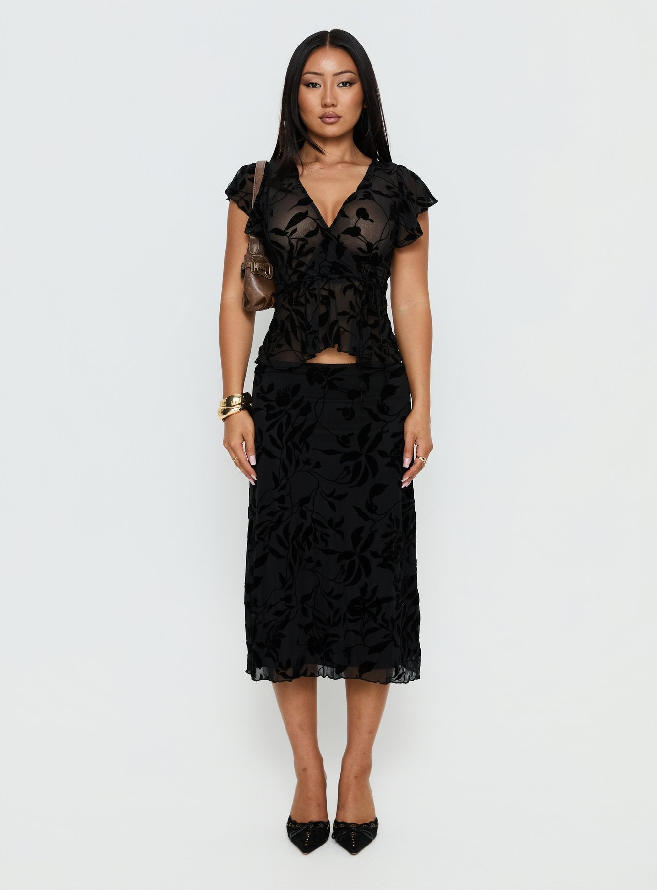 Atira Midi Skirt Leaf Flower Black