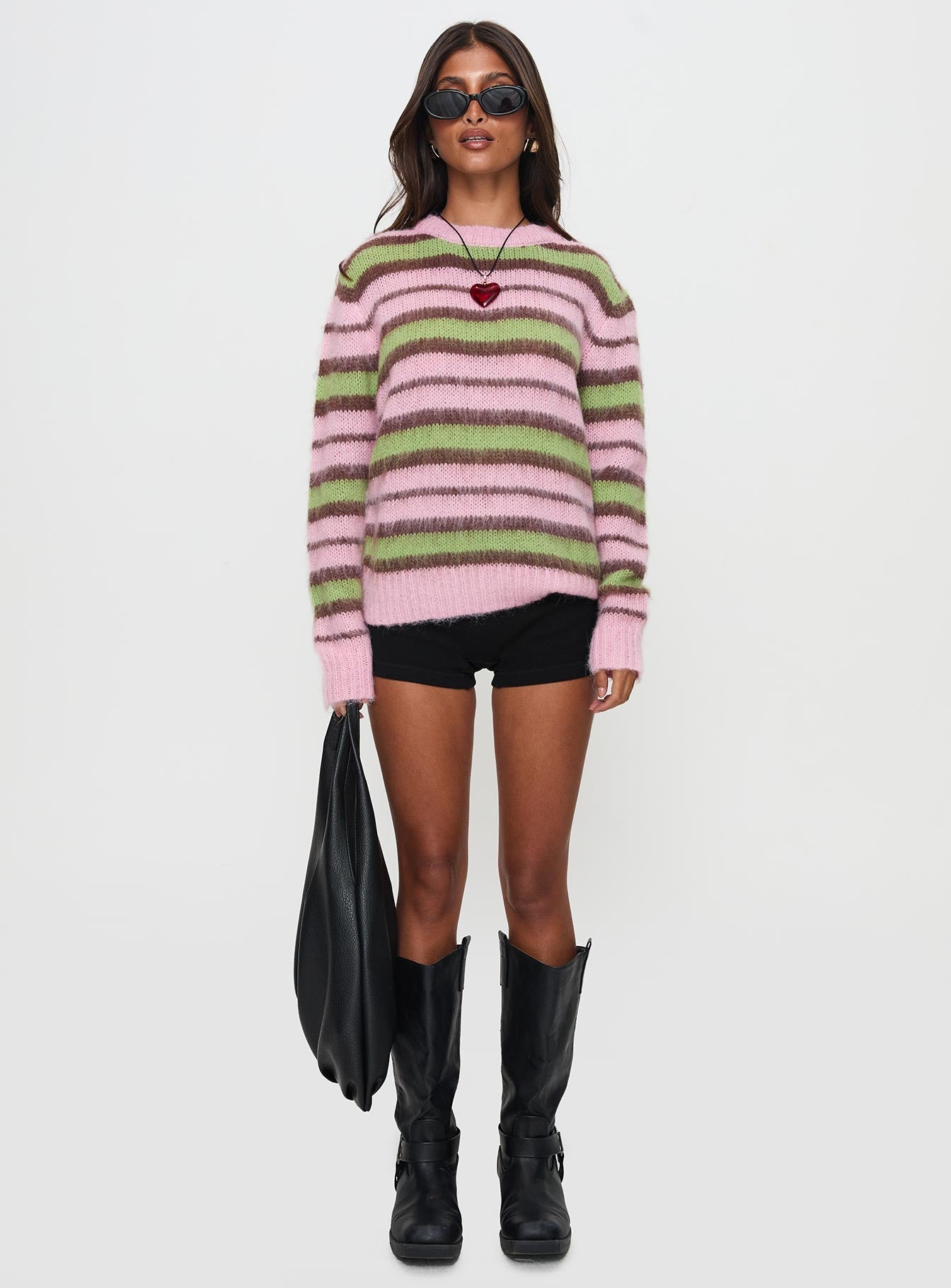 Maysie Crew Neck Knit Sweater Green / Pink