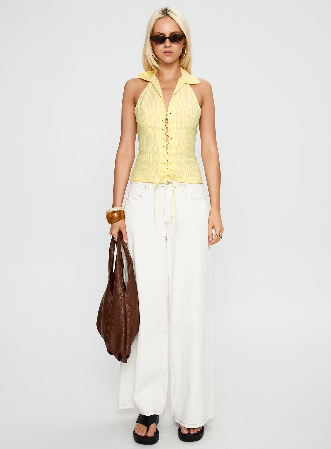 Dress You Up Tie Up Top Lemon Pinstripe