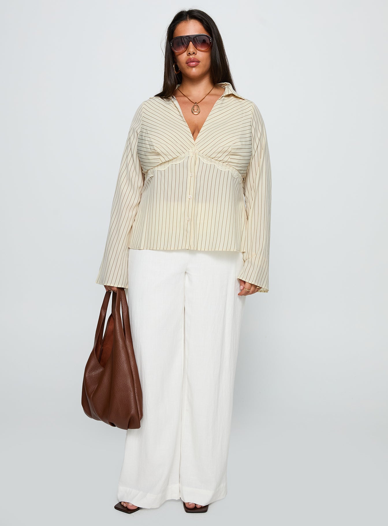 Life Begins Long Sleeve Lace Trim Top Cream Stripe Curve