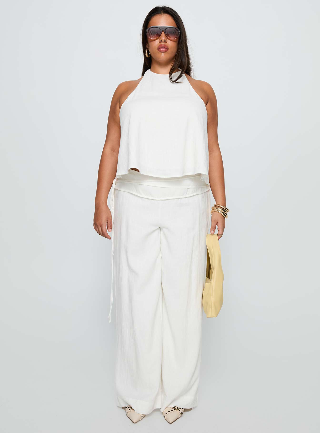 Silver Moon Linen Blend Tie Pants White Curve