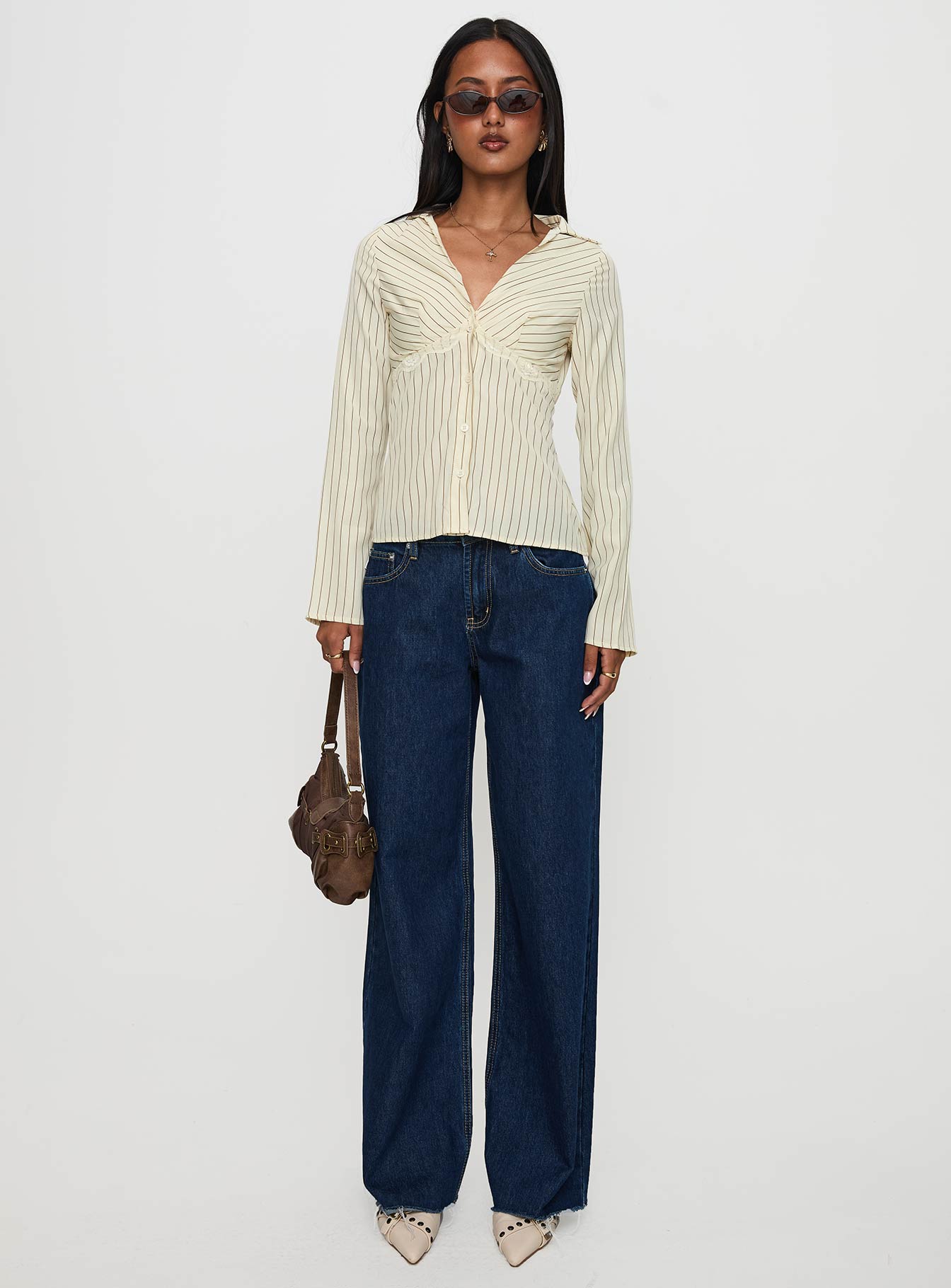 Life Begins Long Sleeve Lace Trim Top Cream Stripe