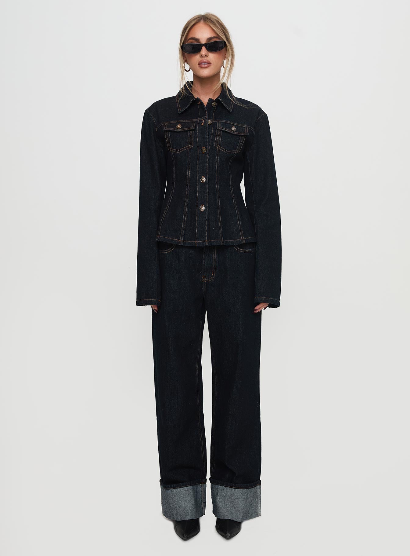 Top Model Low Rise Straight Leg Cuffed Jean Dark Denim