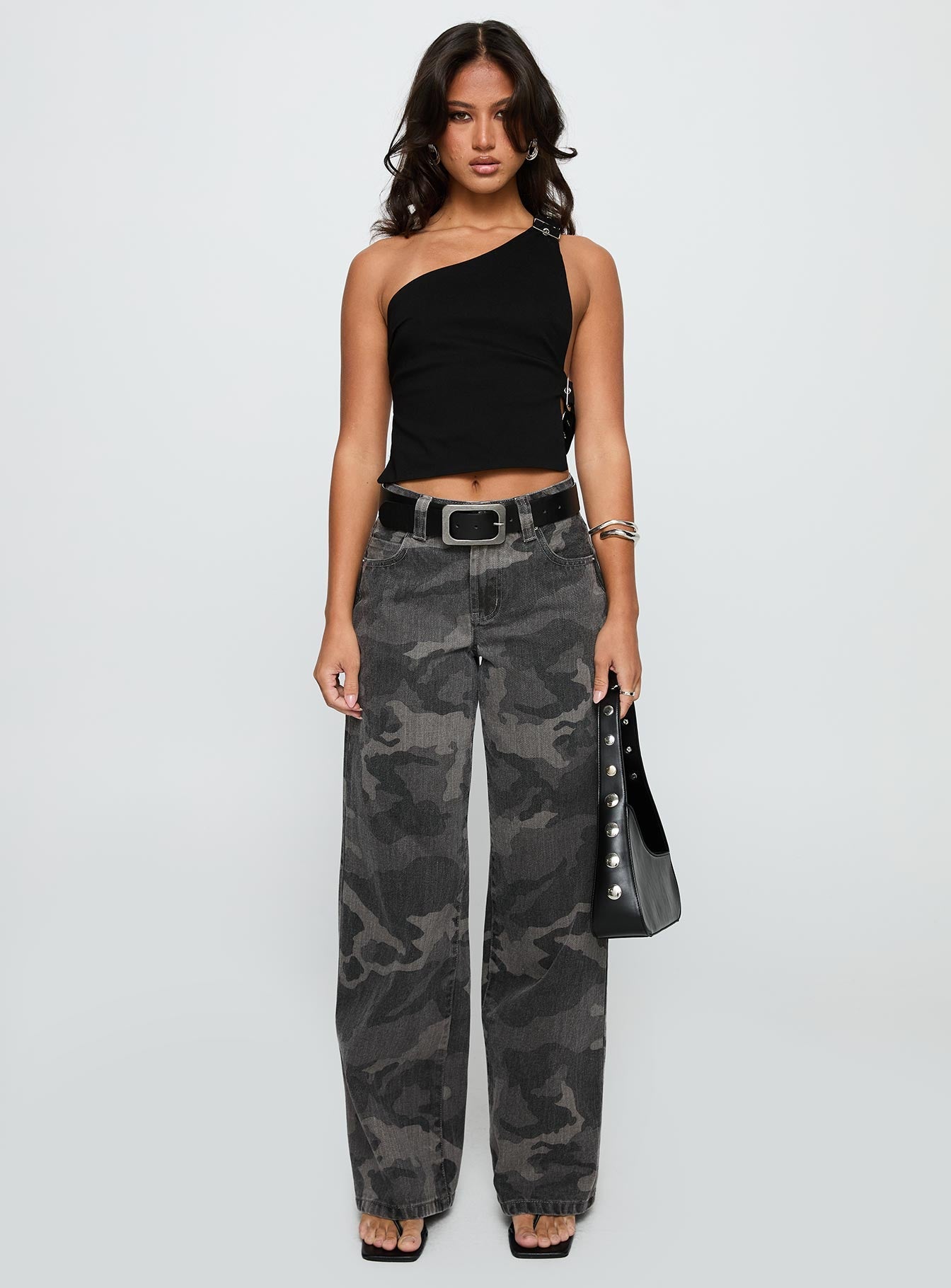 Big Talk Mid Rise Straight Leg Jeans Grey Washed Camo