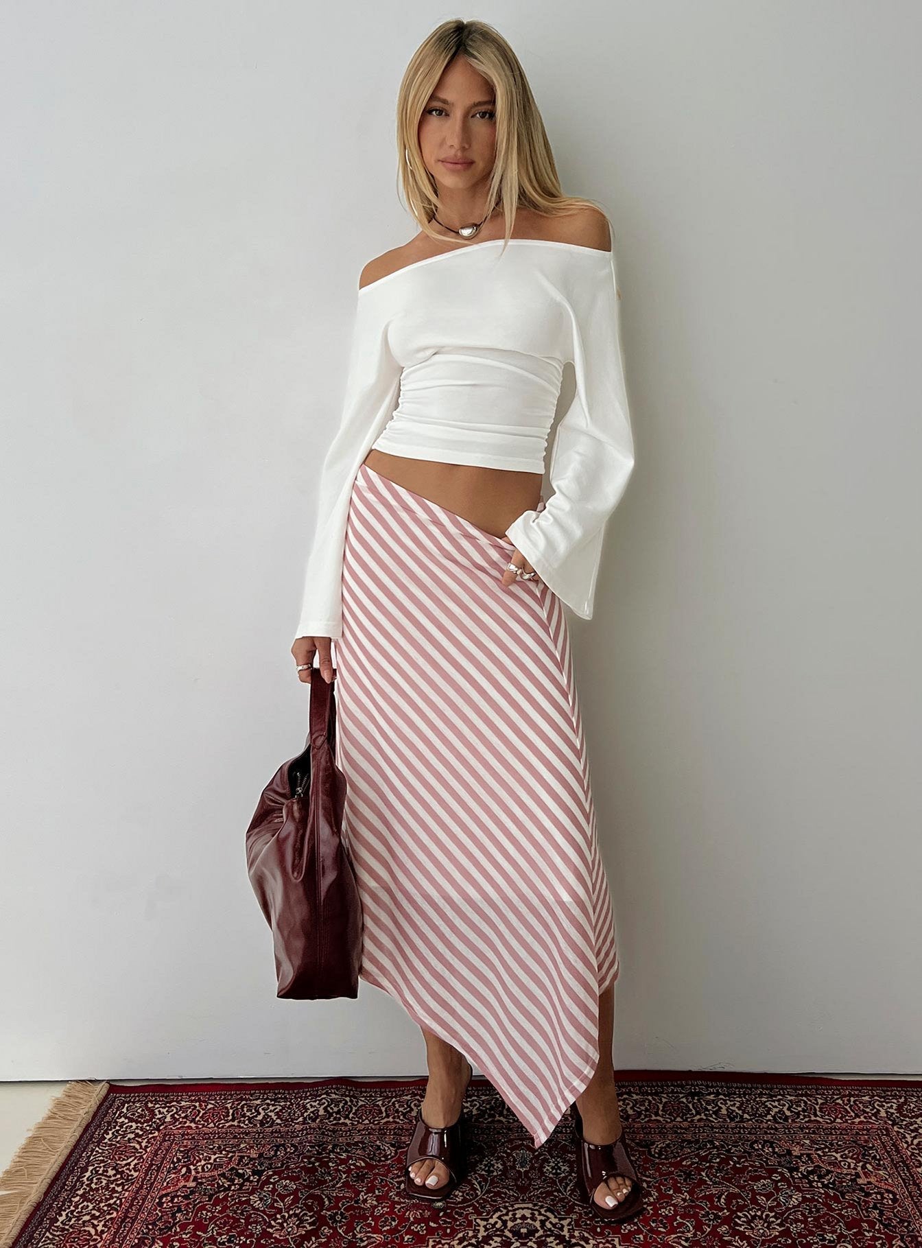 Gwenora Asymmetrical Midi Skirt Pink Stripe