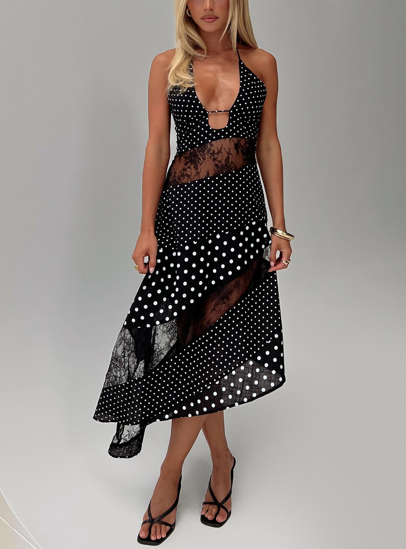Down With Love Asymmetrical Midi Dress Black / White Polka Dot