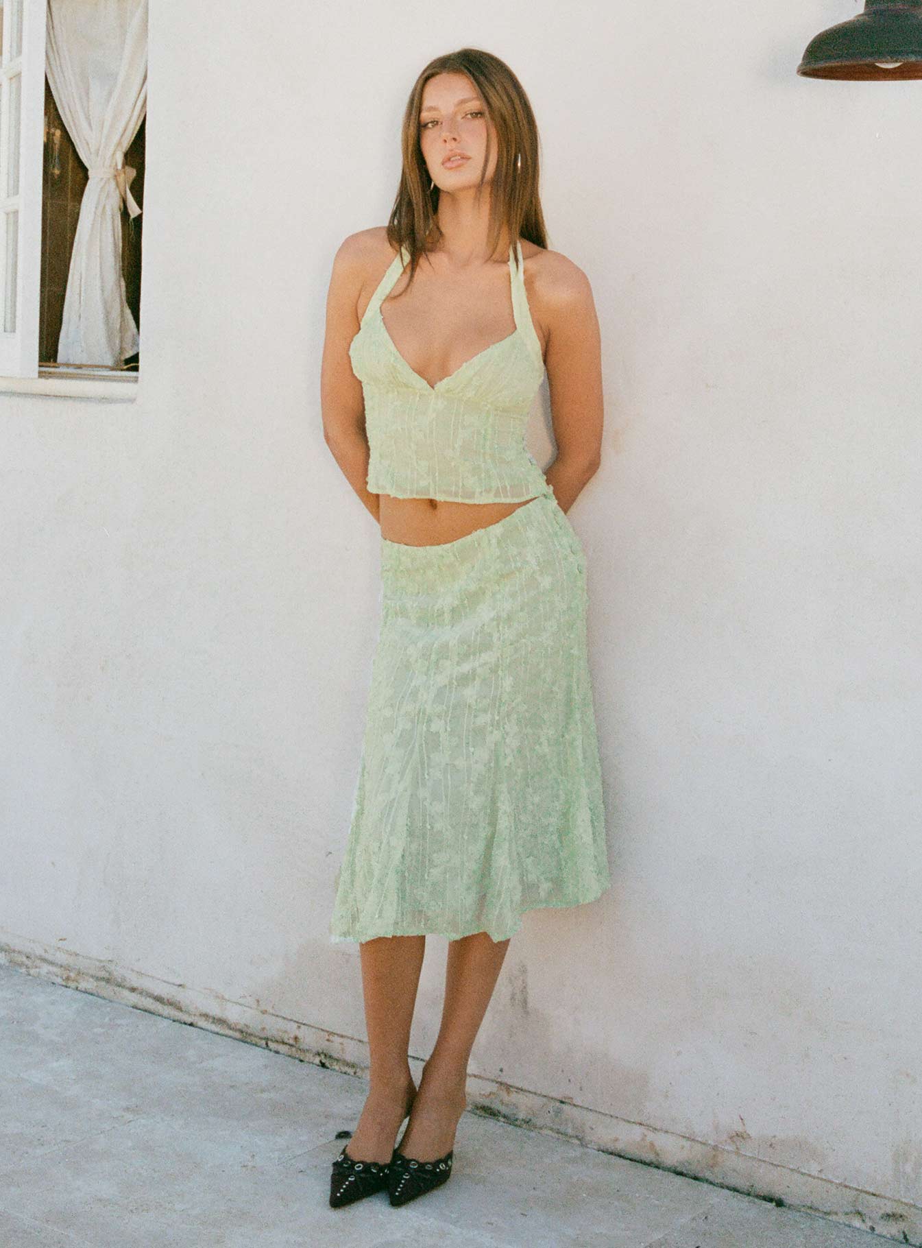 Aspyn Embroidered Midi Skirt Sage Green