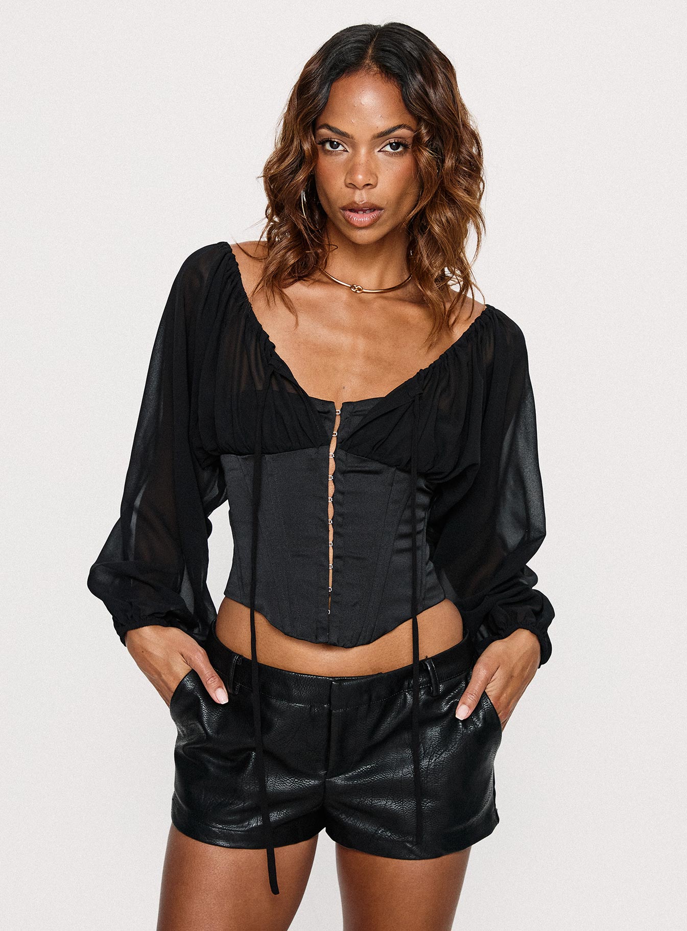 Gypsie Blouson Long Sleeve Corset Top Black