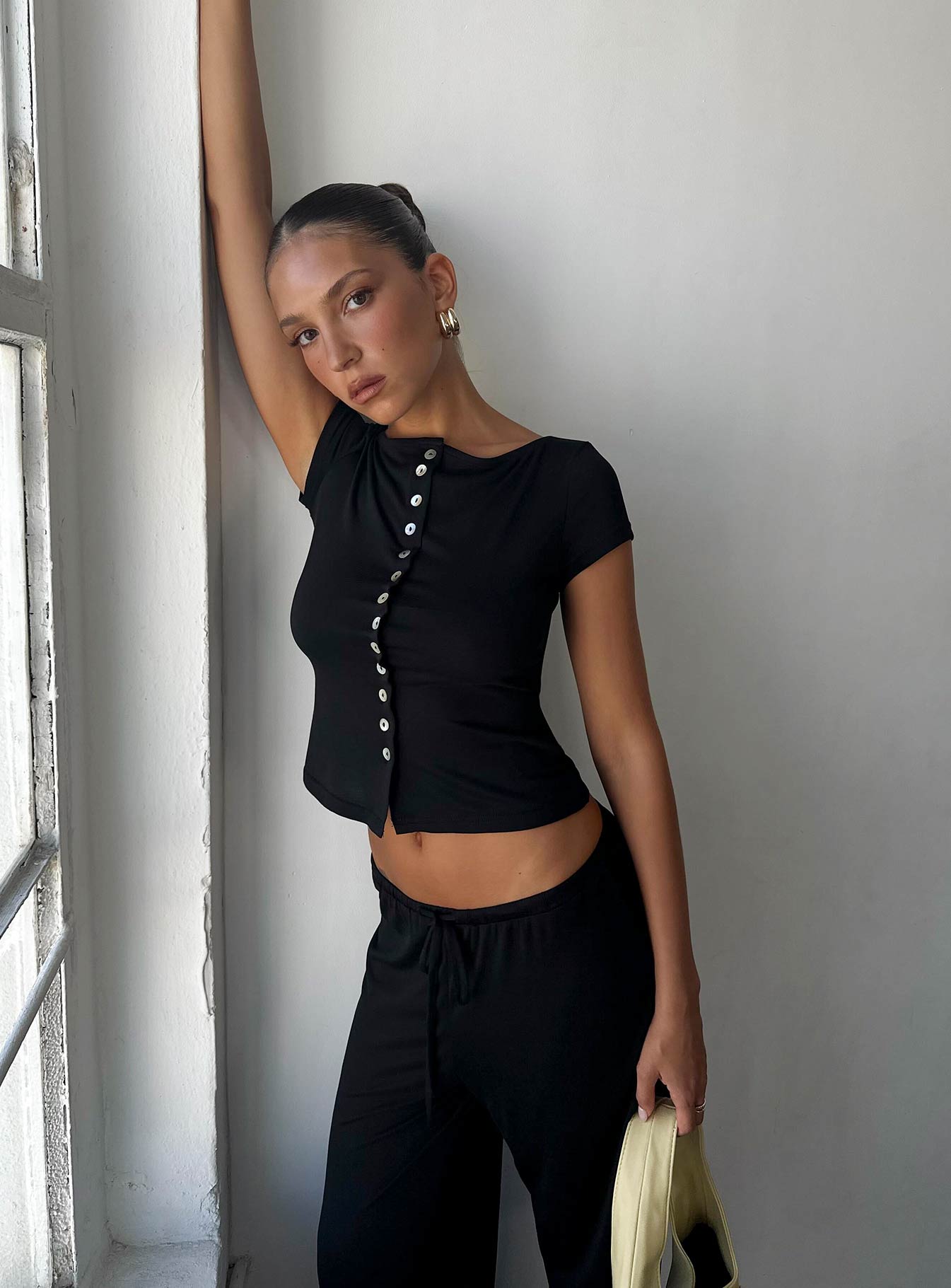 Angellina Jersey Button Down Top Black