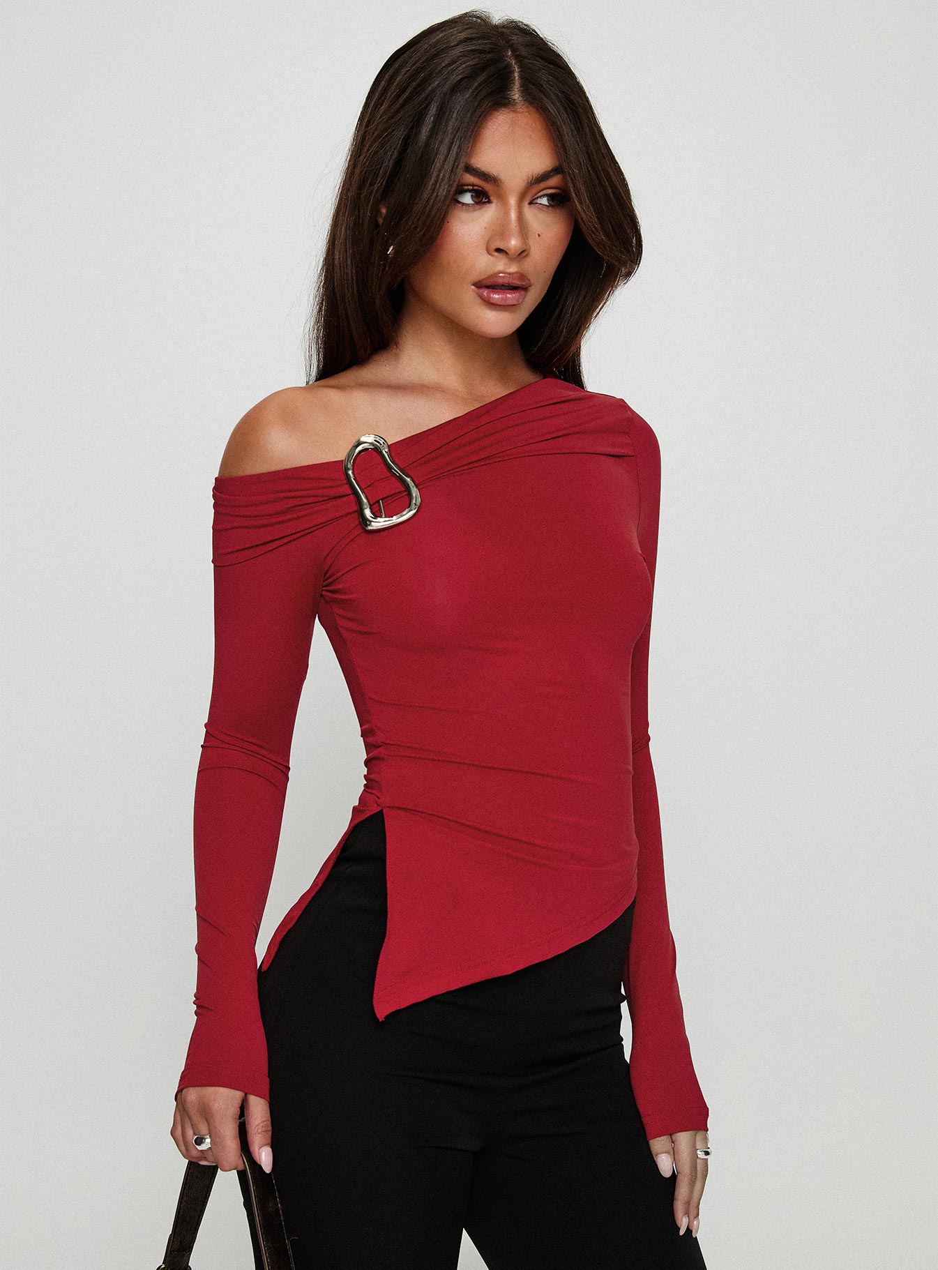 Donalla Off The Shoulder Hardware Detail Top Red