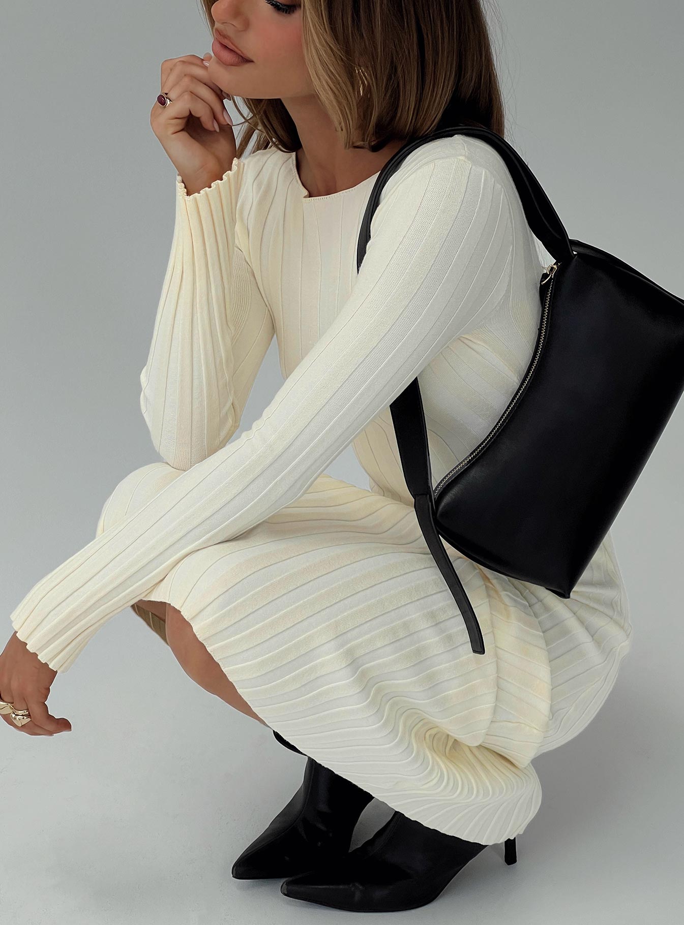 Ryo Long Sleeve Rib Maxi Dress Cream