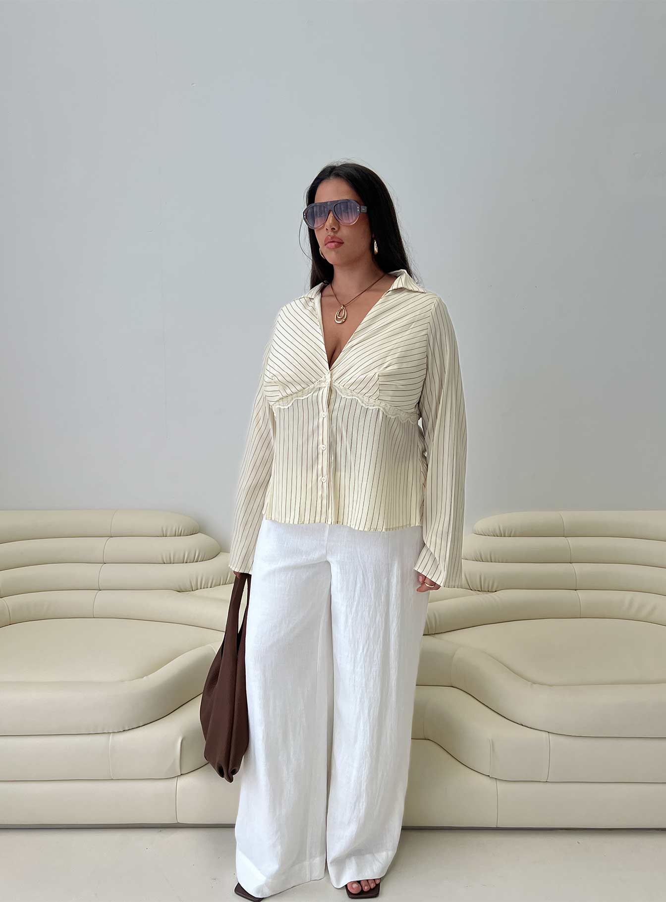 Life Begins Long Sleeve Lace Trim Top Cream Stripe Curve