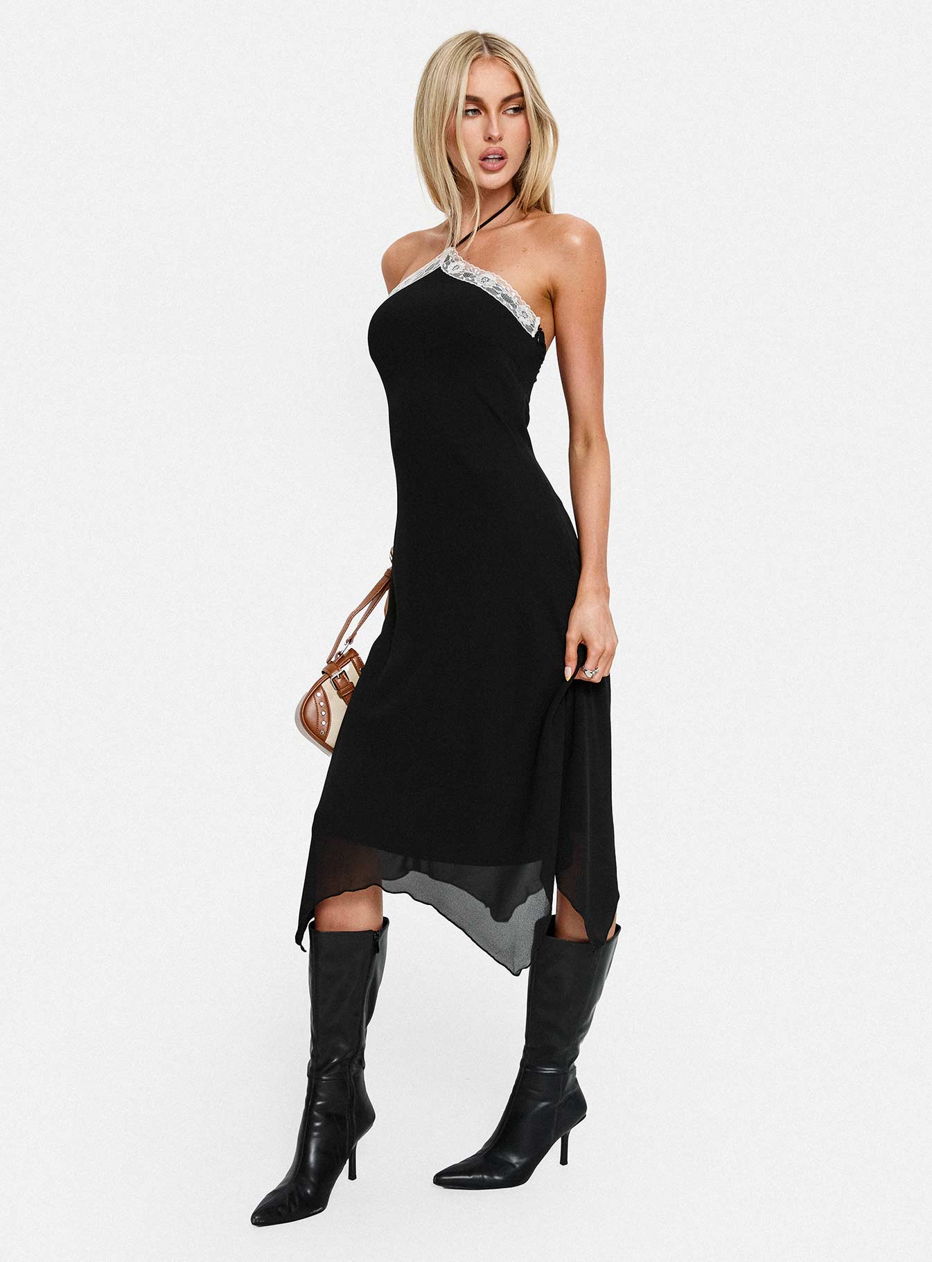 Naila Halter Lace Trim Midi Dress Black