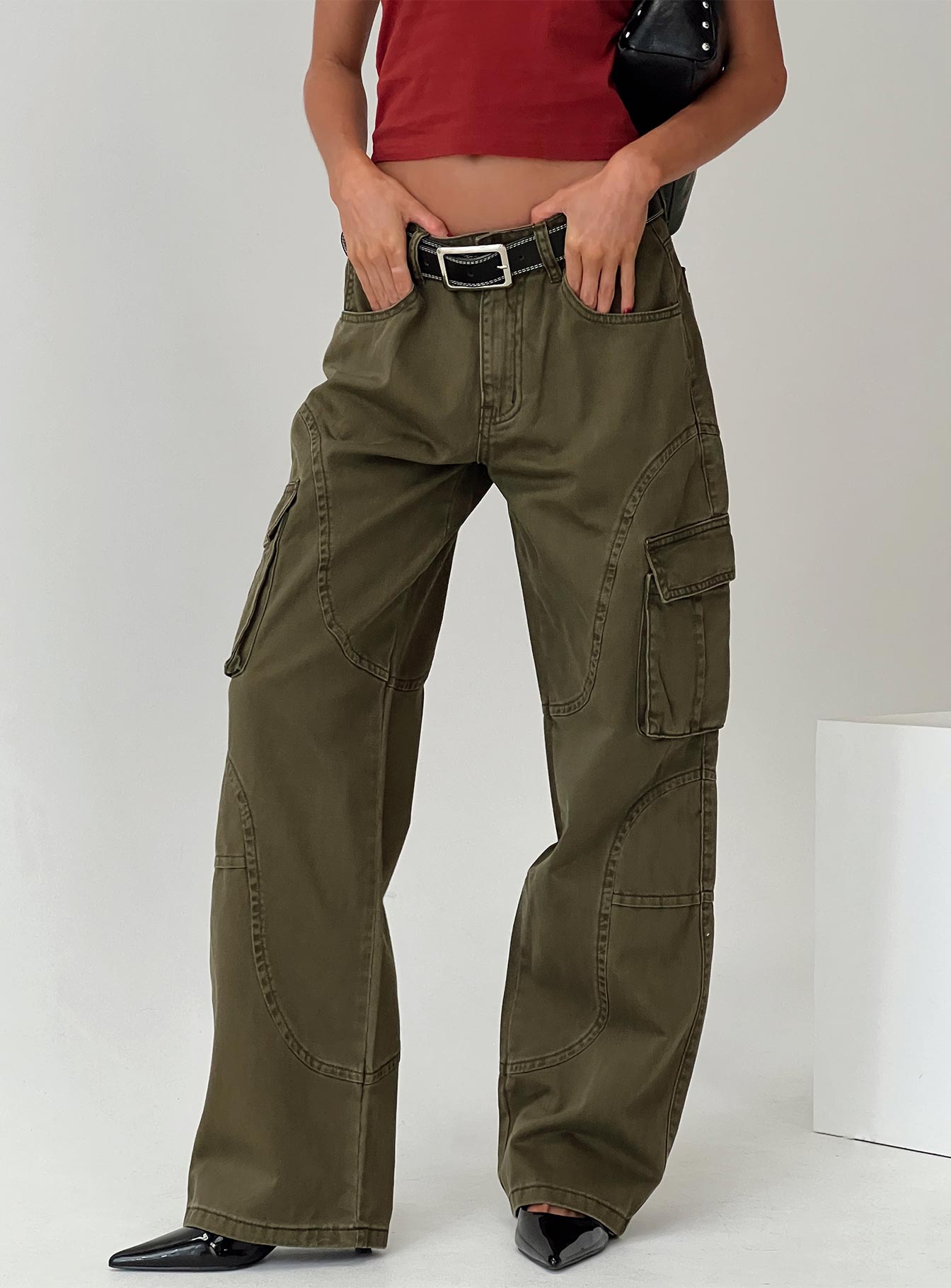 Ahstin Mid Rise Straight Leg Cargo Jeans Green Petite