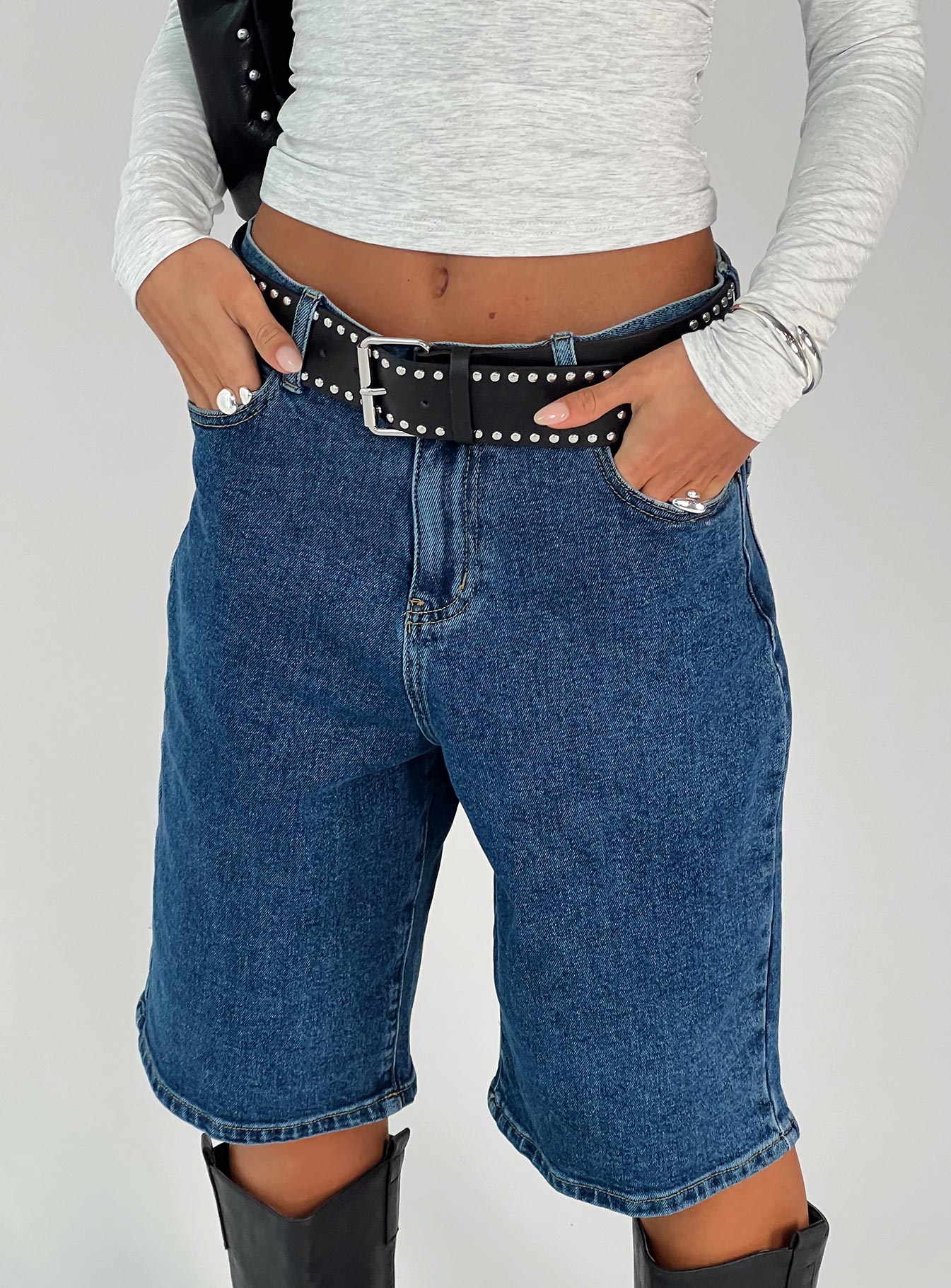 Retro Dream Mid Rise Longline Denim Shorts Mid Wash