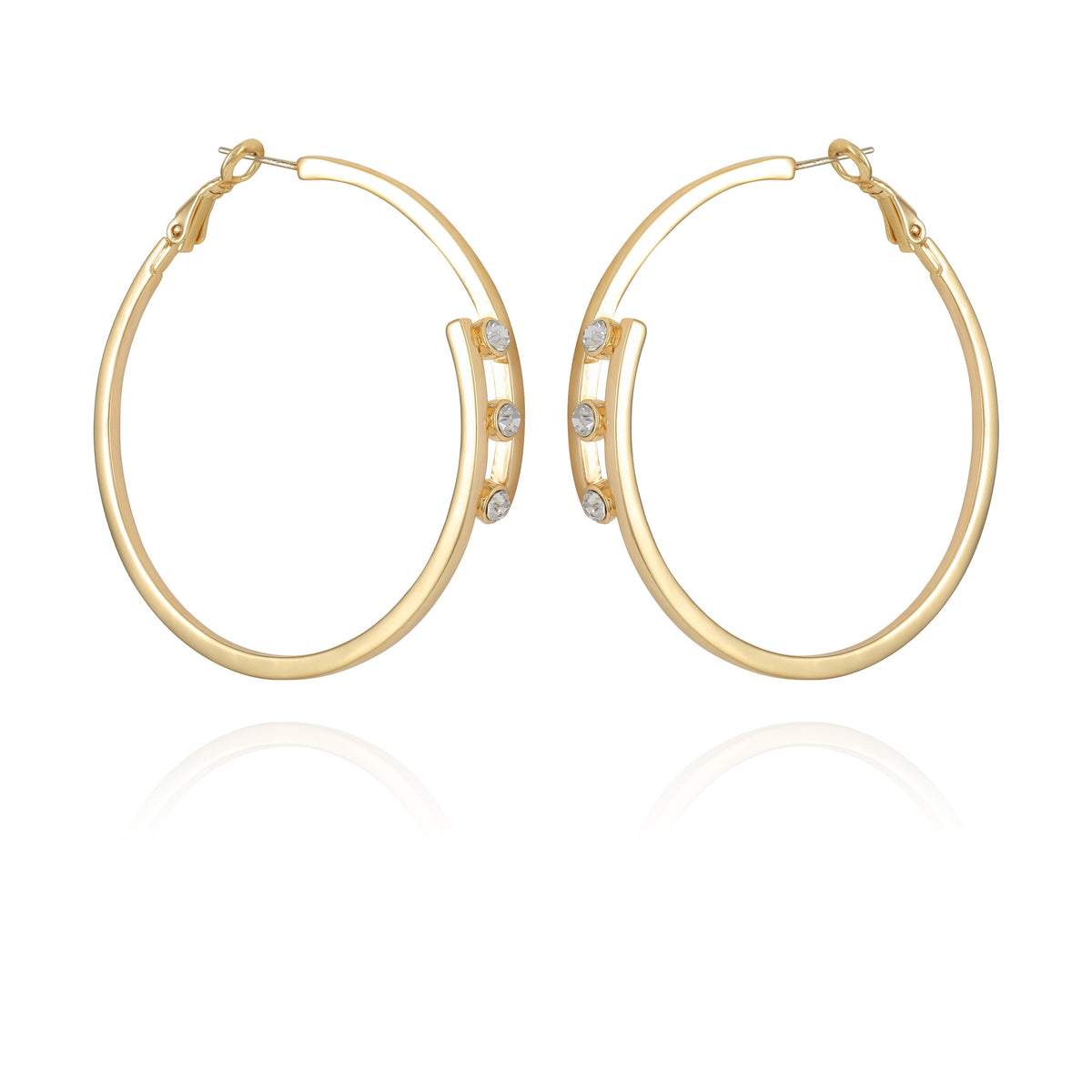 14K Goldtone Tri-Crystal Stone Hoop Earring
