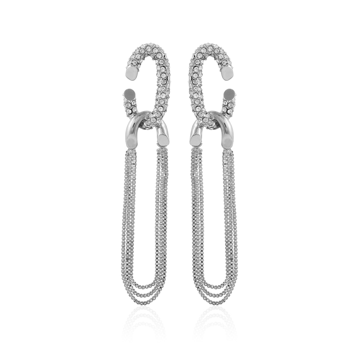 Silvertone Tassel Chain Huggie Hoop Drop Earrings