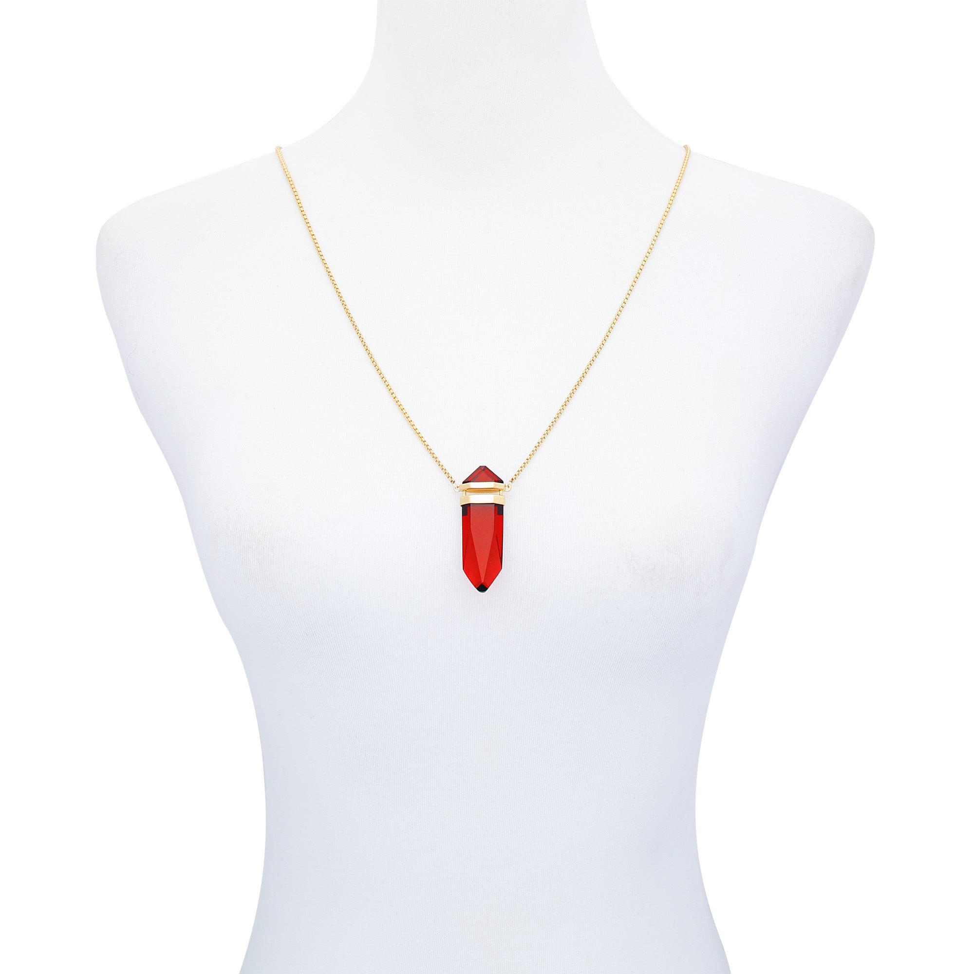 Goldtone Red Crystal-Shape Stone Pendant Long Necklace