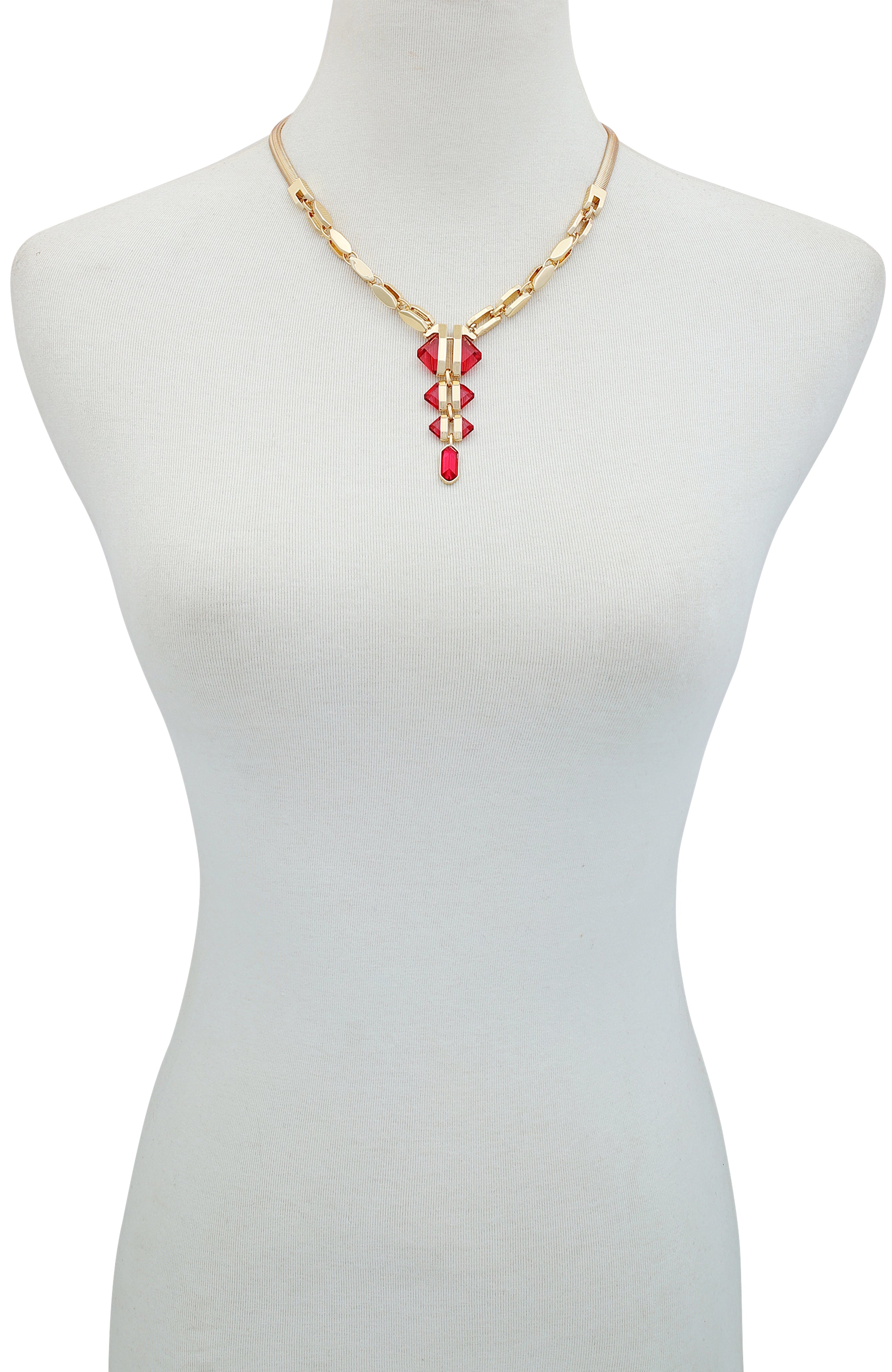 Goldtone Tri Rose Stone Drop Pendant Necklace