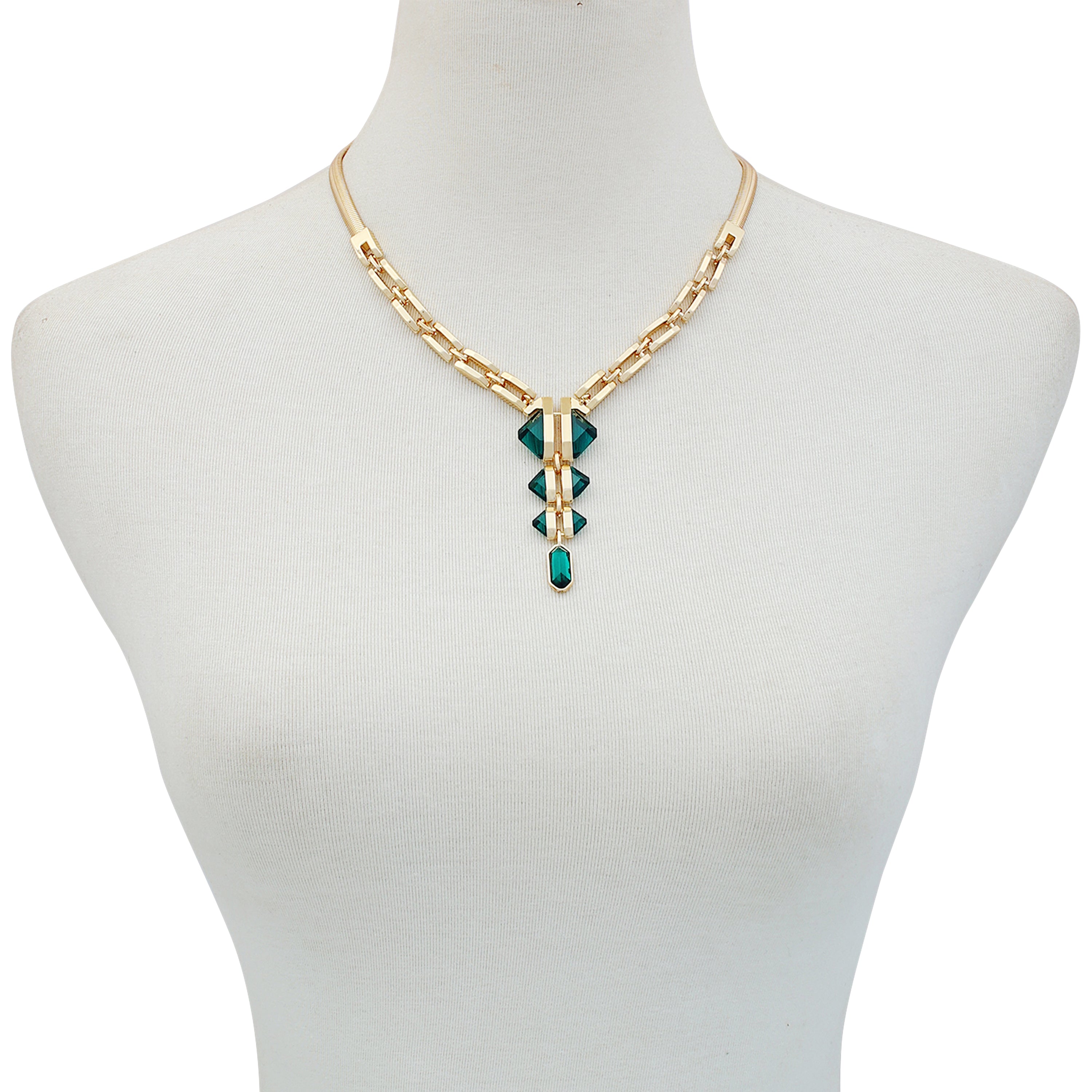 Goldtone Tri Blue Zircon Stone Drop Pendant Necklace