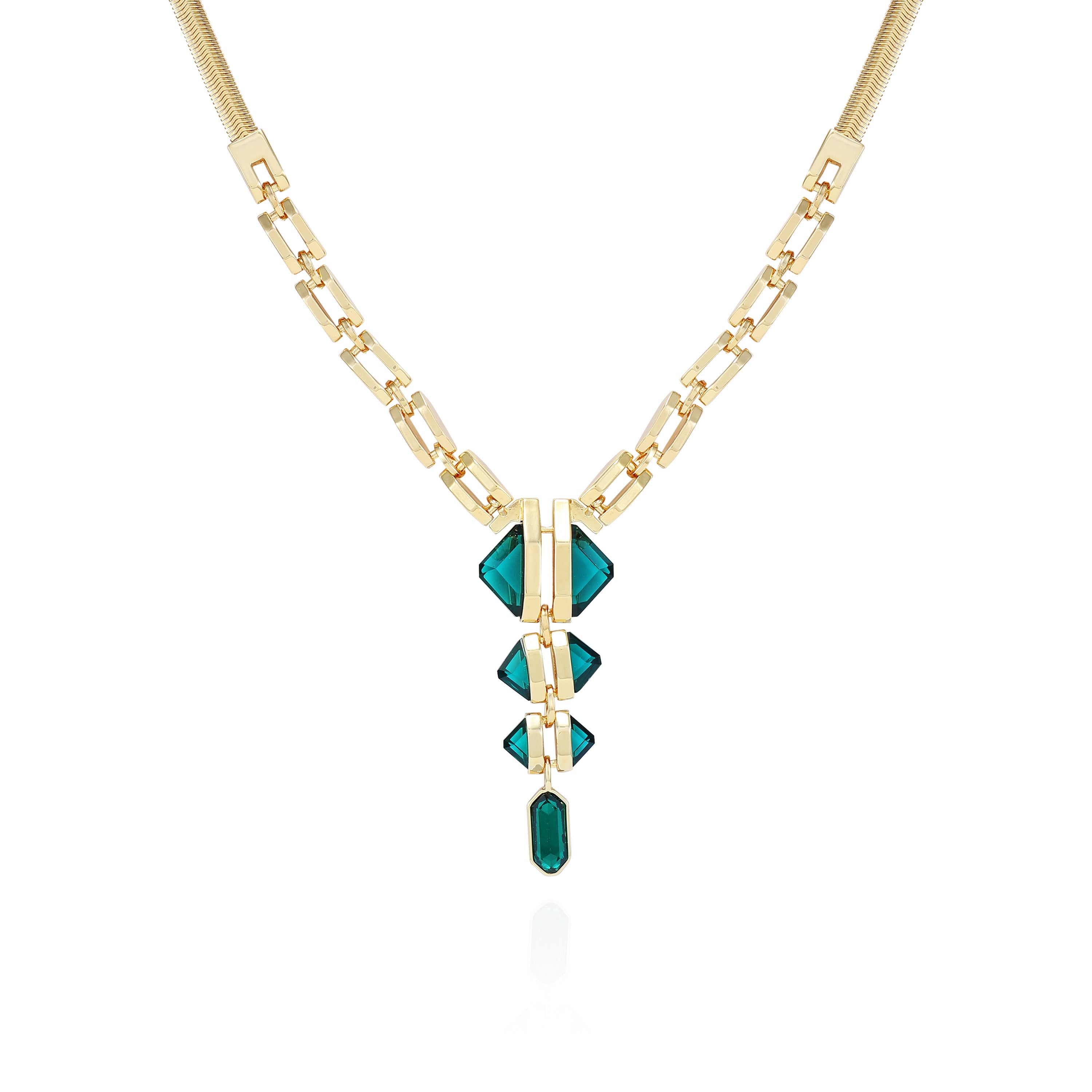 Goldtone Tri Blue Zircon Stone Drop Pendant Necklace