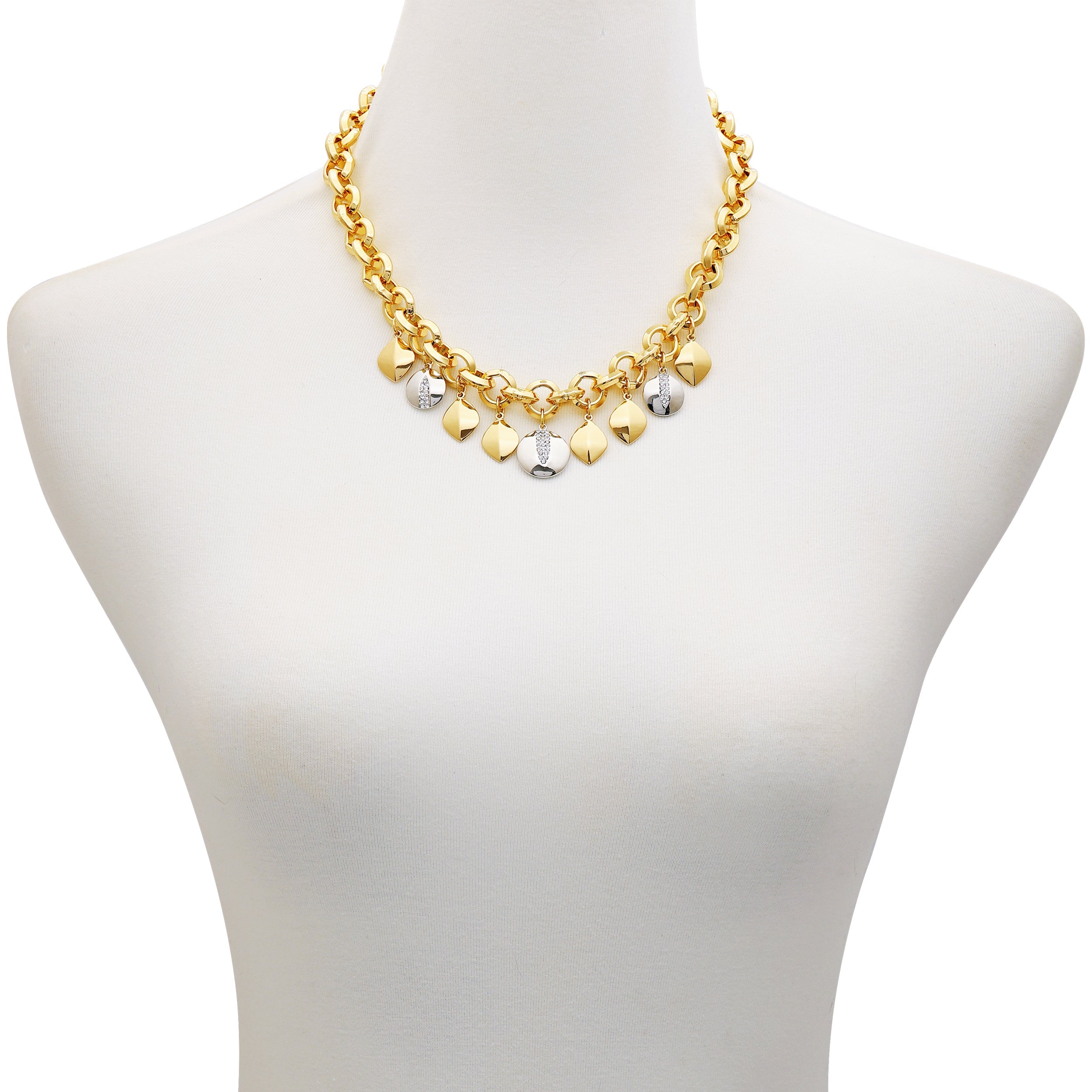 Two Tone Gilded Leaf Charm Statement Necklace