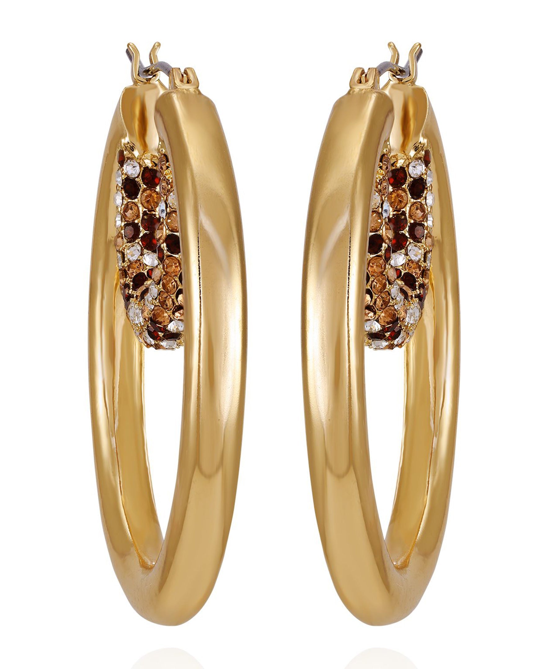 Goldtone Pave Crystal Stone Layered Hoop Earrings