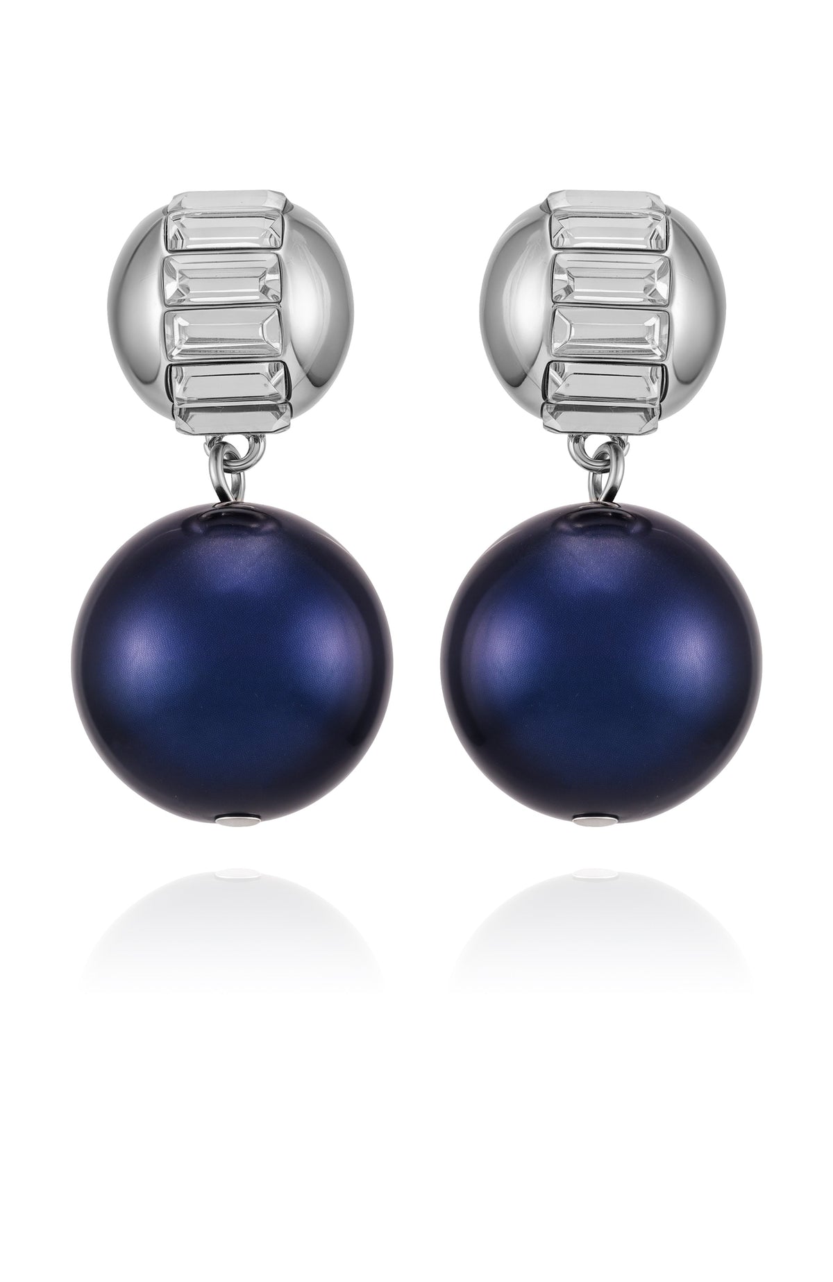 Silvertone Drop Earrings With Navy Pearl Crystal Accents