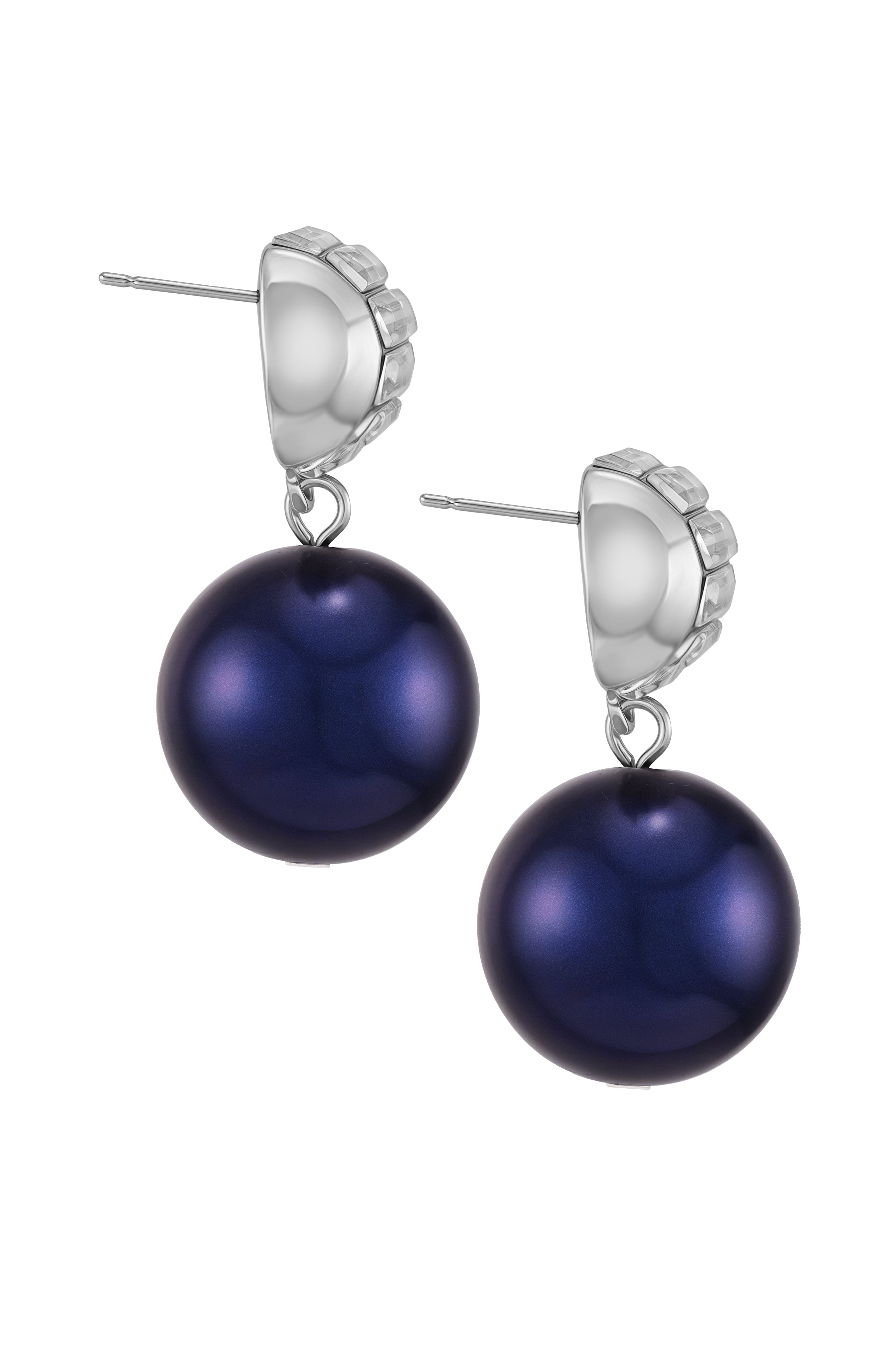 Silvertone Drop Earrings With Navy Pearl Crystal Accents